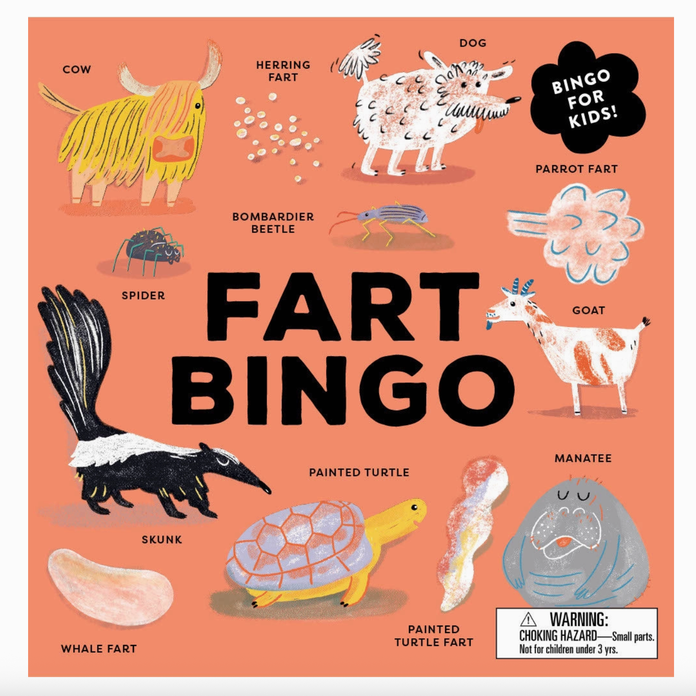 Fart Bingo game board with illustrations of animals and their farts on a pink background.