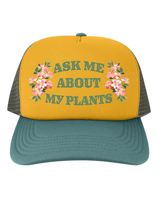 Ask Me About My Plants Mesh Back Baseball Hat - Gold/Pine