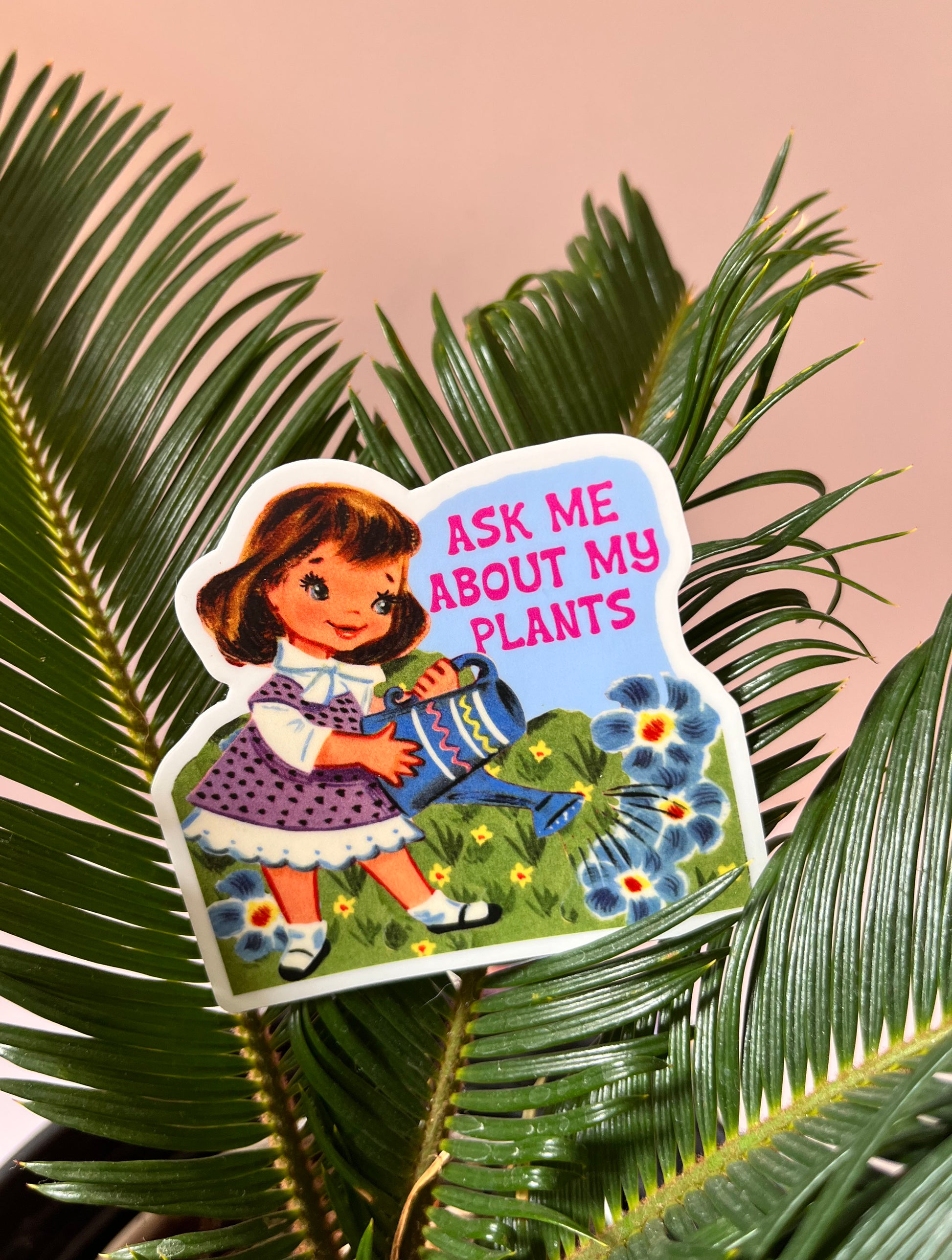 funny ask me about my plants sticker cute decal with vintage style girl watering flowers garden fun stickers for water bottle laptop coin laundry montana funny stickers stocking stuffer gift for plant lover plant lady secret santa