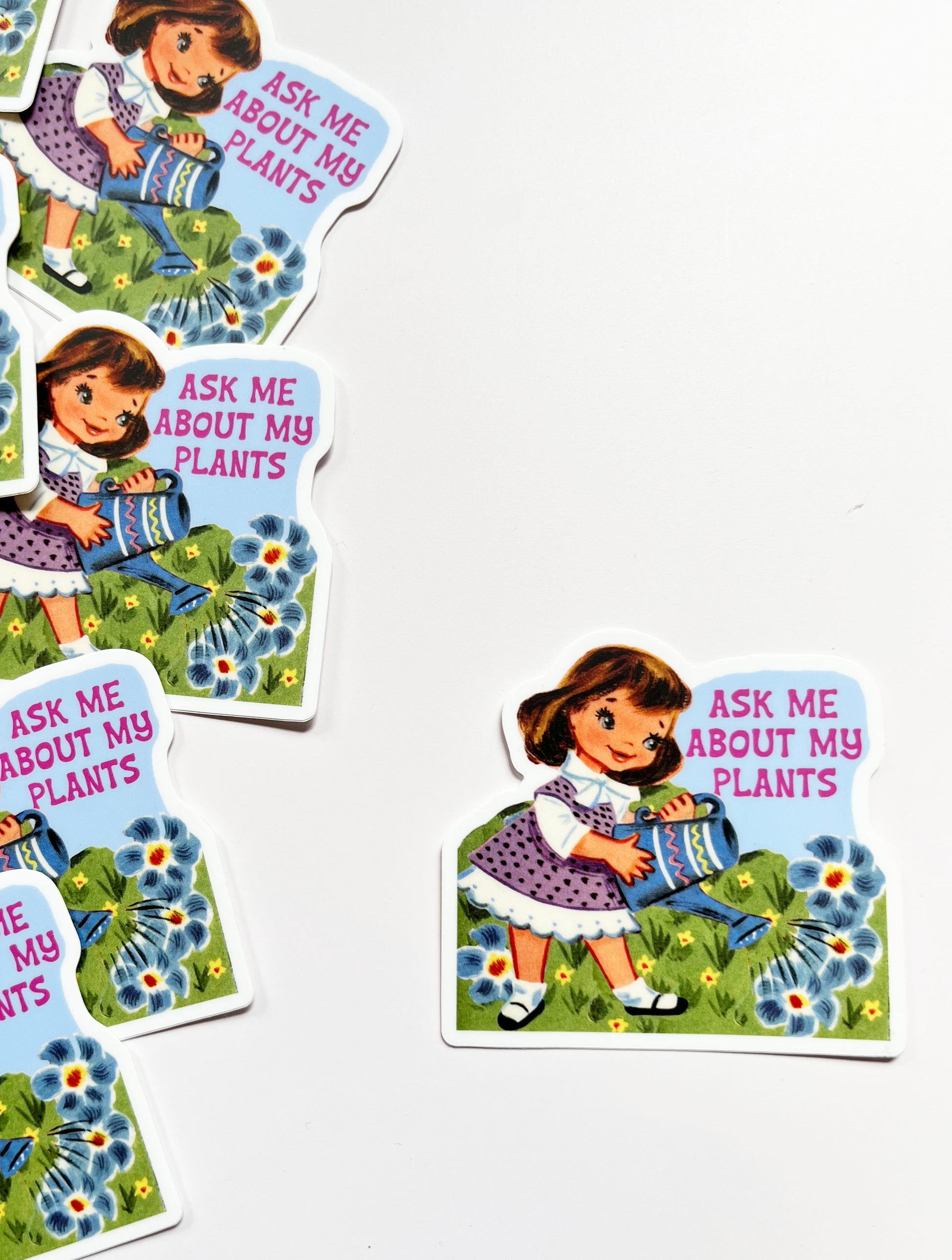 funny plant lady sticker ask me about my plants vintage girl watering plants flowers gift for gardener plant lover stocking stuffer cute coin laundry funny stickers