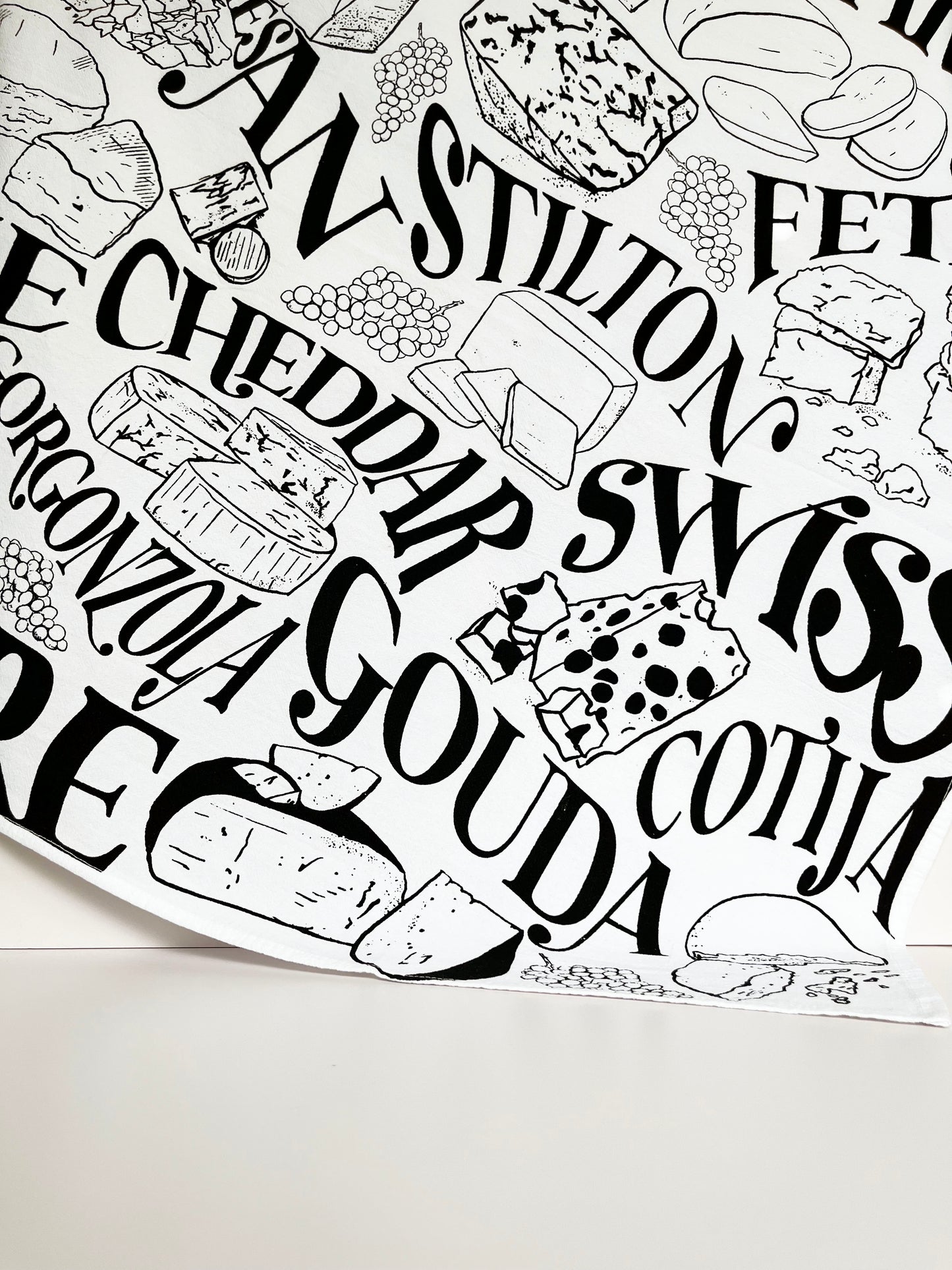 kitchen dish towel cheese fun housewarming gift hand drawing charcuterie coin laundry cheddar cute foodie father's day gift housewarming screen print cotton home decor tea towel illustration