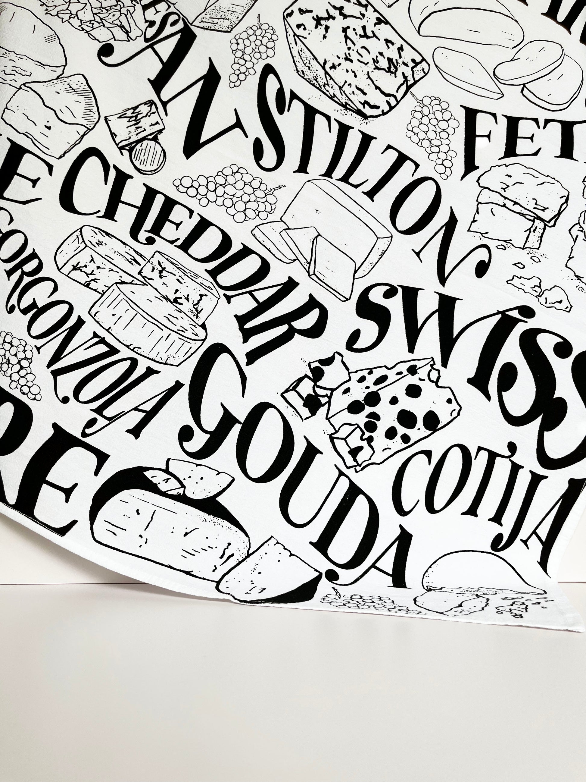 kitchen dish towel cheese fun housewarming gift hand drawing charcuterie coin laundry cheddar cute foodie father's day gift housewarming screen print cotton home decor tea towel illustration