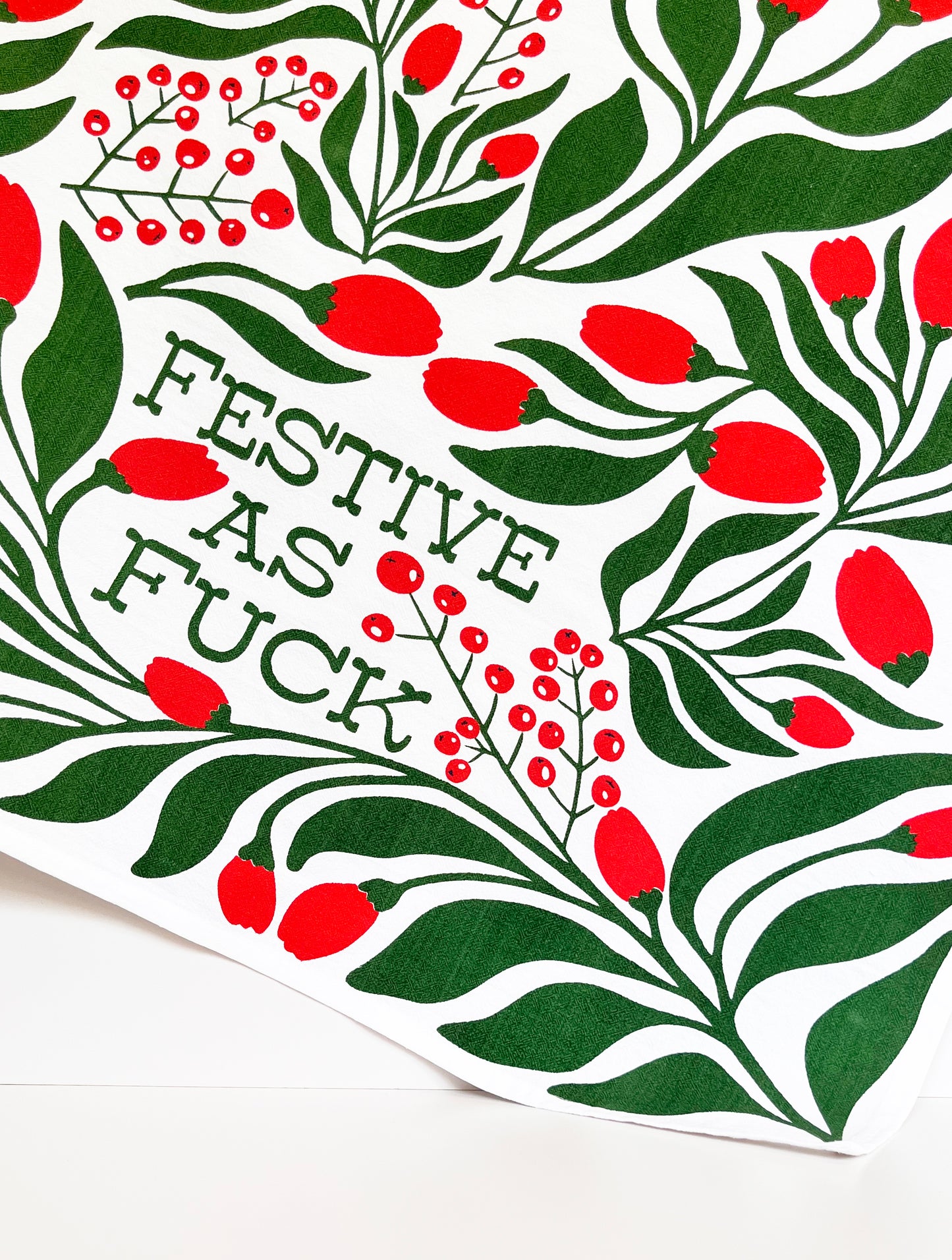 festive as fuck cotton dish towel decorative fun joyful happy bright color red green screen print modern flowers on trend coin laundry screen print holiday xmas christmas
