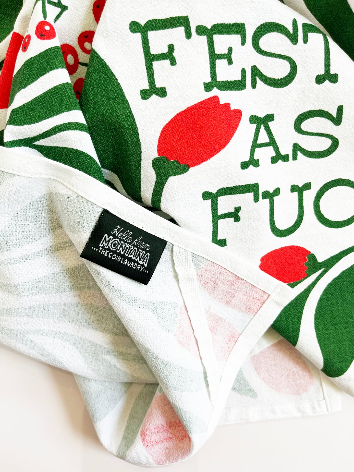 cotton dish towel red green floral design festive as fuck snarky funny home decor xmas secret santa white elephant holidays winter coin laundry screen print