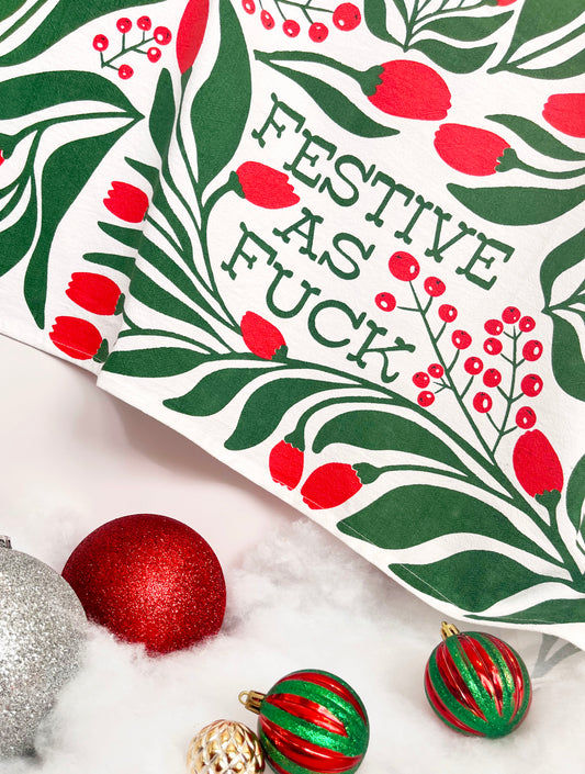 cotton kitchen towel festive as fuck af red green holiday christmas screen print coin laundry flowers xmas funny decor gift secret santa white elephant coin laundry screen print printed towel