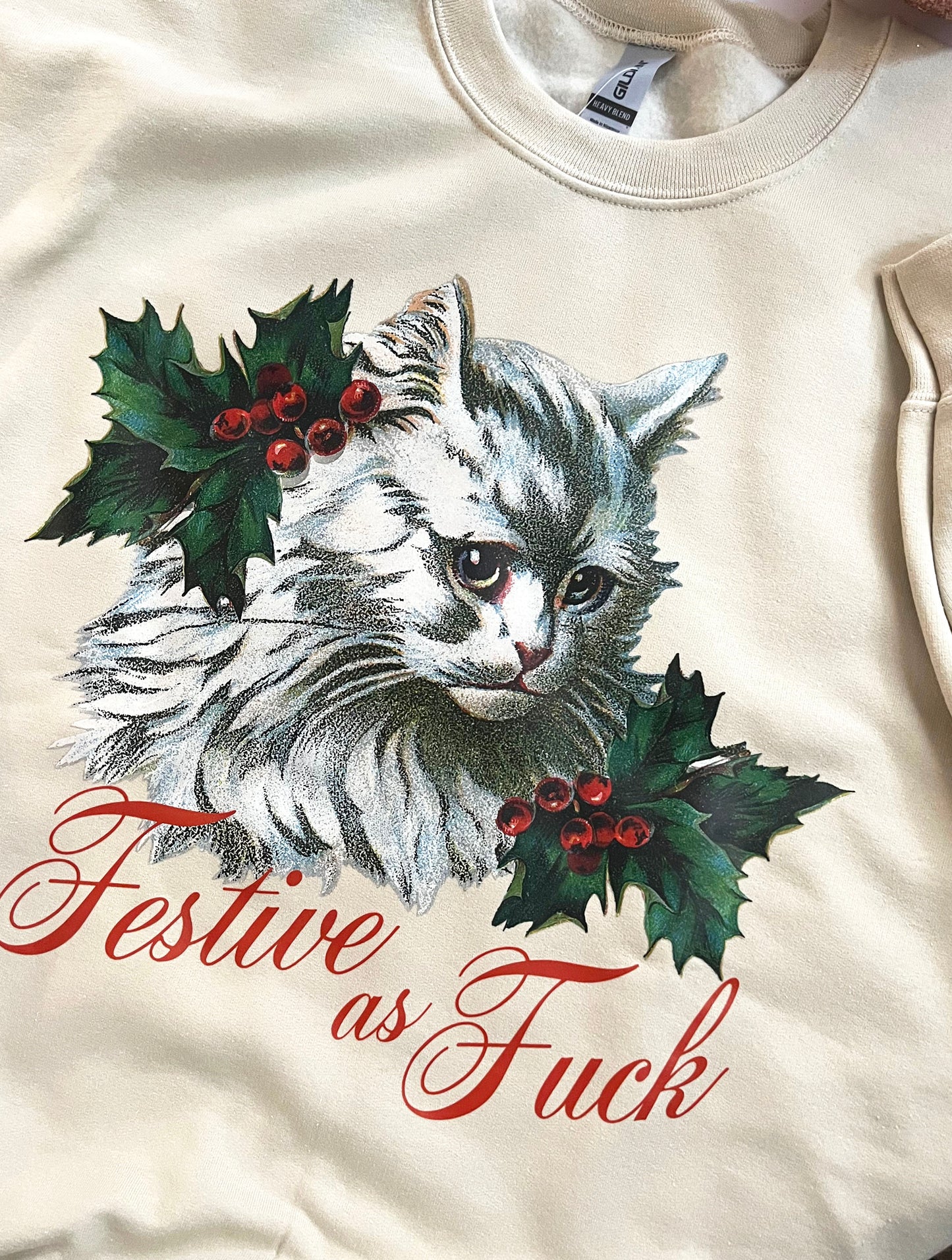 Festive As Fuck Funny Holiday Cat Sweatshirt - Cream