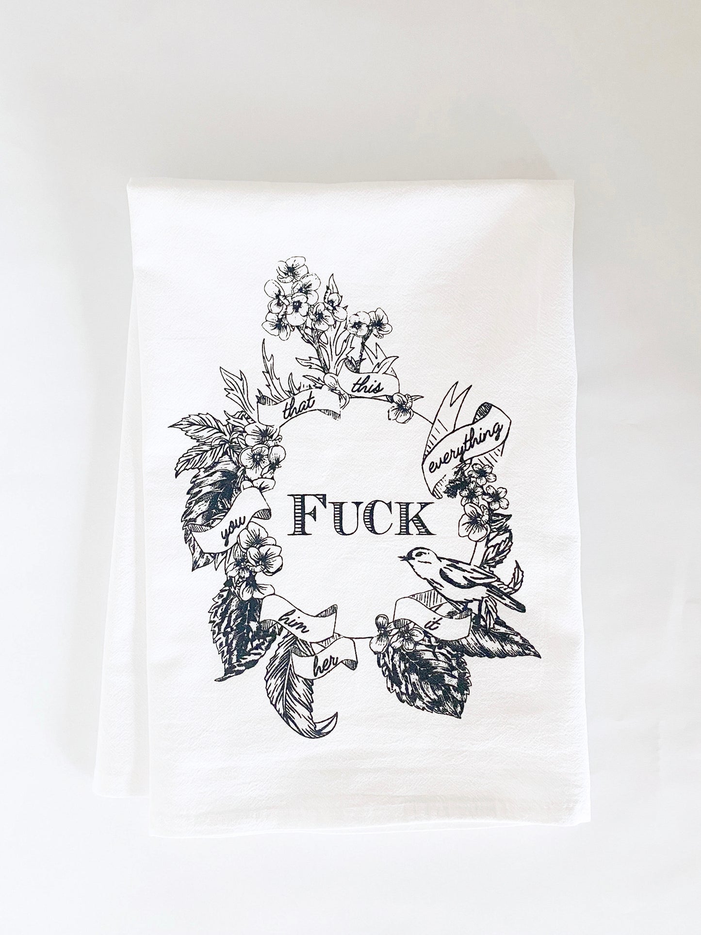 funny tea towel fuck everything cute host gift secret santa stocking stuffer bird with flowers floral vintage style farmhouse decor cute retro look coin laundry home decor