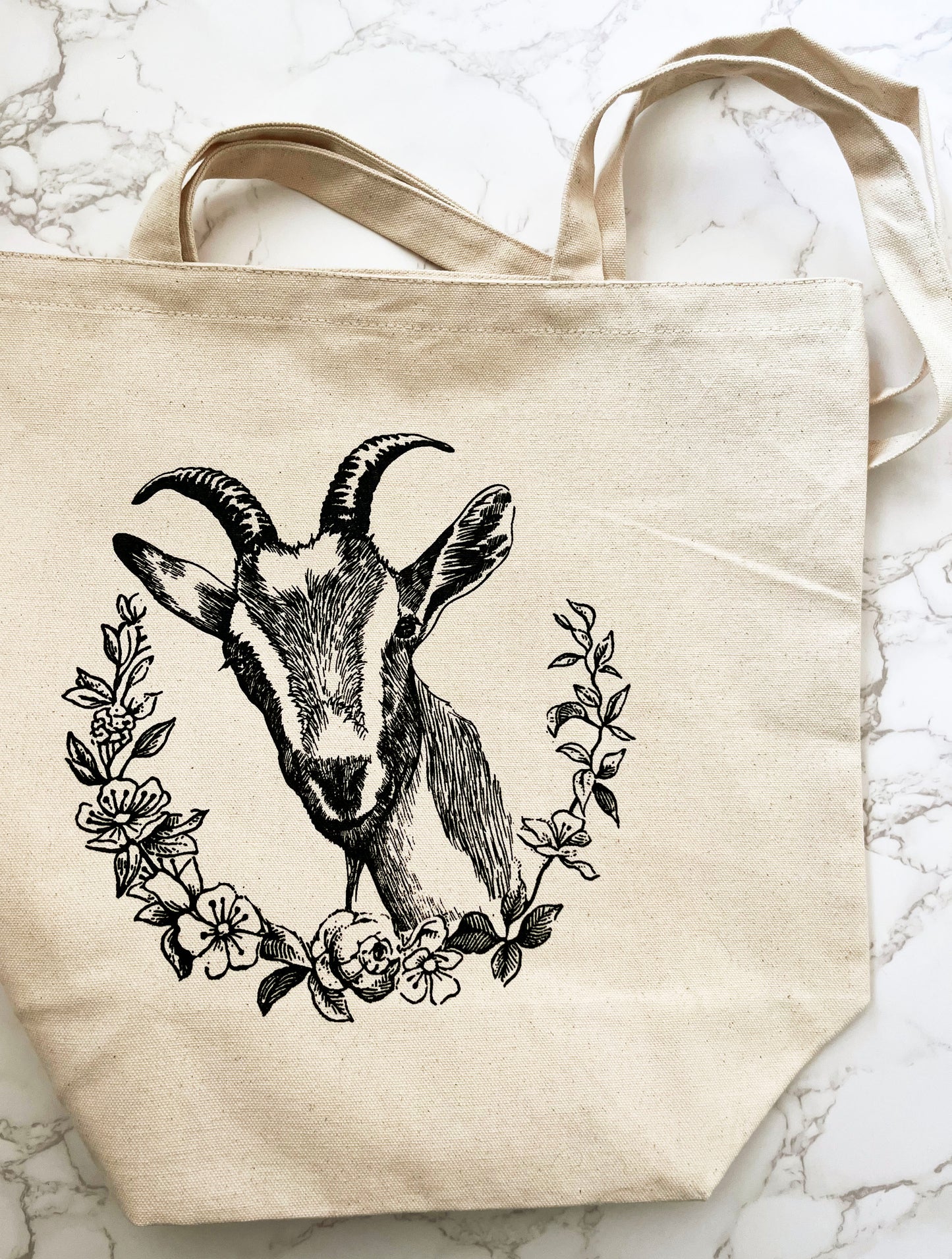 farmers market tote bag cute goat farm animal flowers screen print hand drawn design gift ranch montana coin laundry