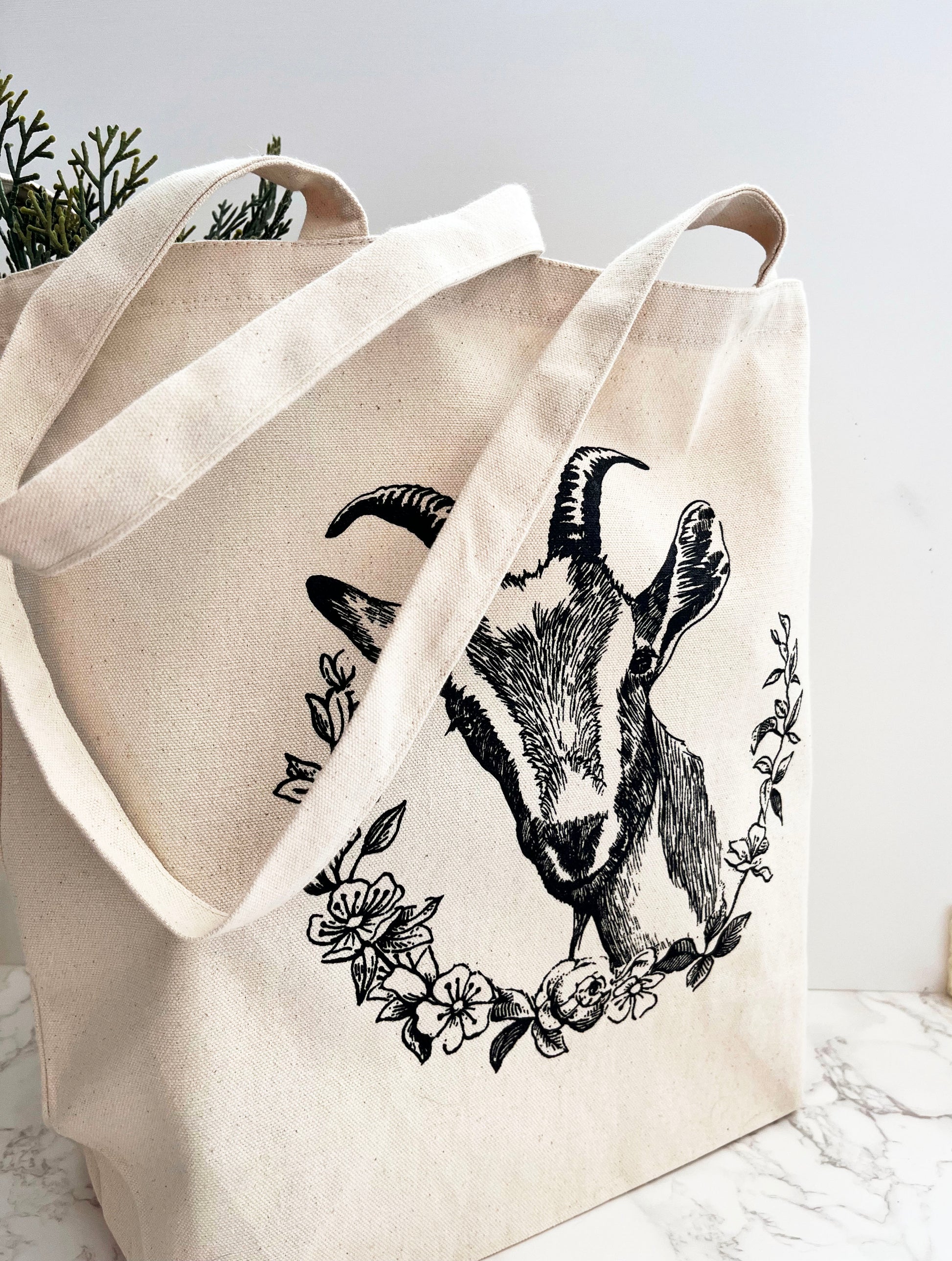 durable cream canvass tote bag screen printed black goat pygmy farm farmhouse cottagecore country living coin laundry
