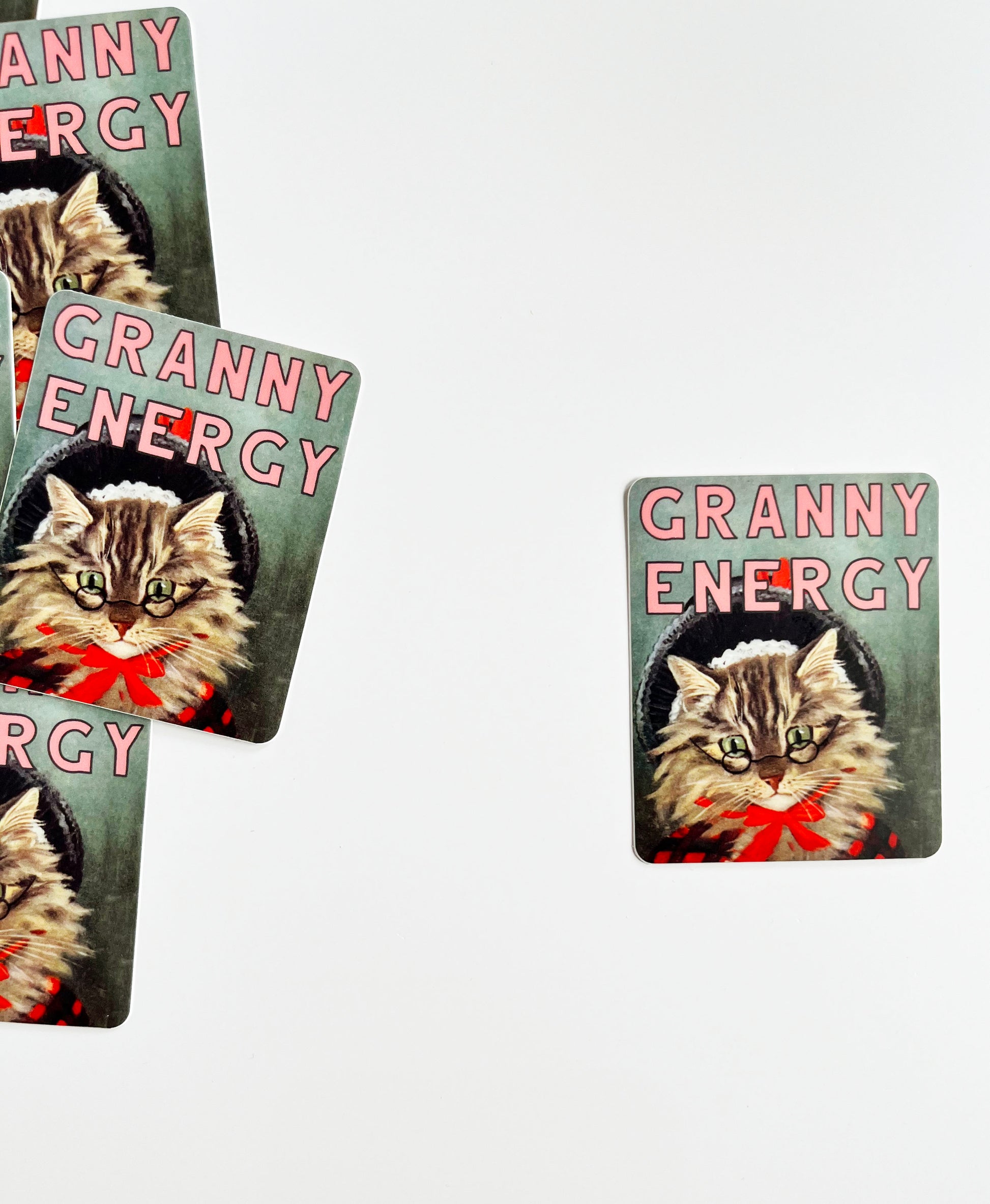 fun funny pretty joke gift vintage retro cat kitty kitten tabby illustration hat bonnet glasses granny energy text grandma grandmacore nana old lady soul sticker muted color pallet water bottle laptop car snowboard friend coin laundry
