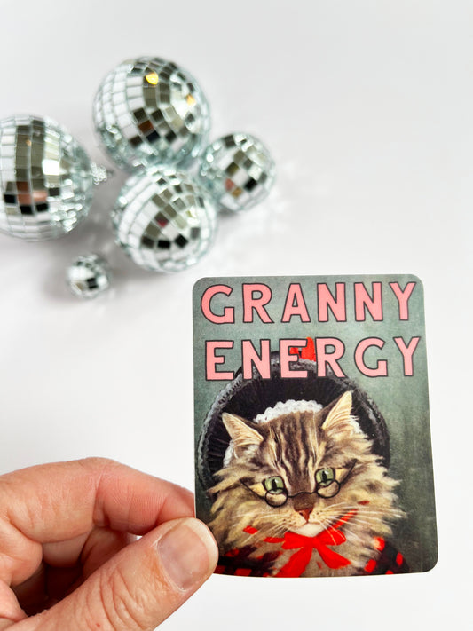 silly fun funny granny energy high quality vinyl sticker water bottle laptop car notebook journal coin laundry kitten cat kitty in vintage hat glasses grandmacore cottagecore farm garden sustainable living homemade crafts montana