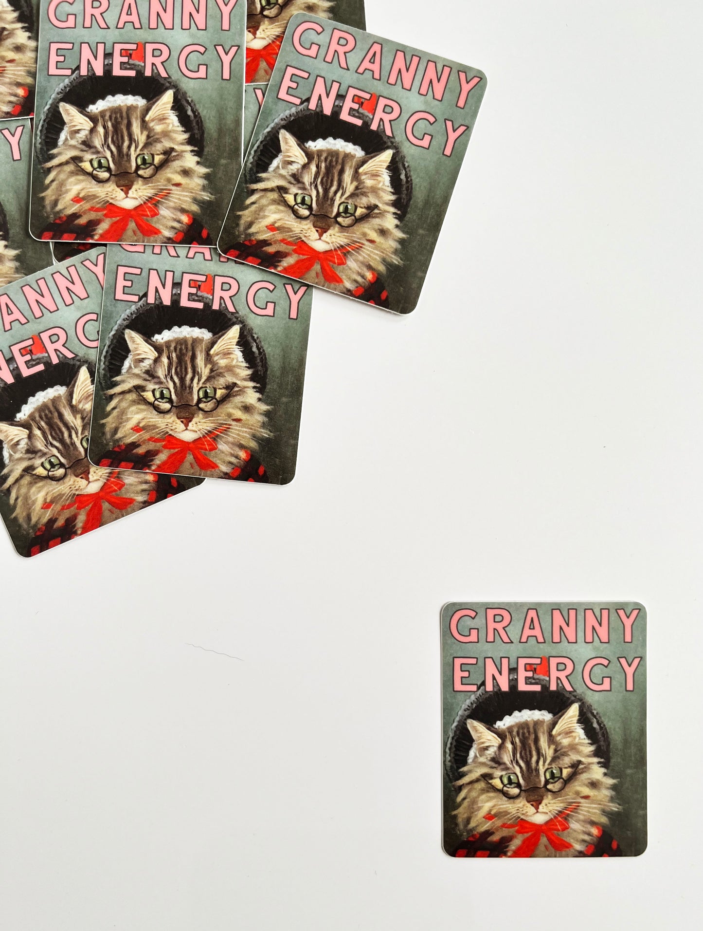 funny sticker text granny energy vintage cat kitty glasses bow hat pink grey gray red brown black high quality durable all purpose vinyl water bottle mug tumbler laptop notebook journal car old lady hobbies sew craft plants garden knit crochet read rocking chair nap fireplace morning person cooking coin laundry montana