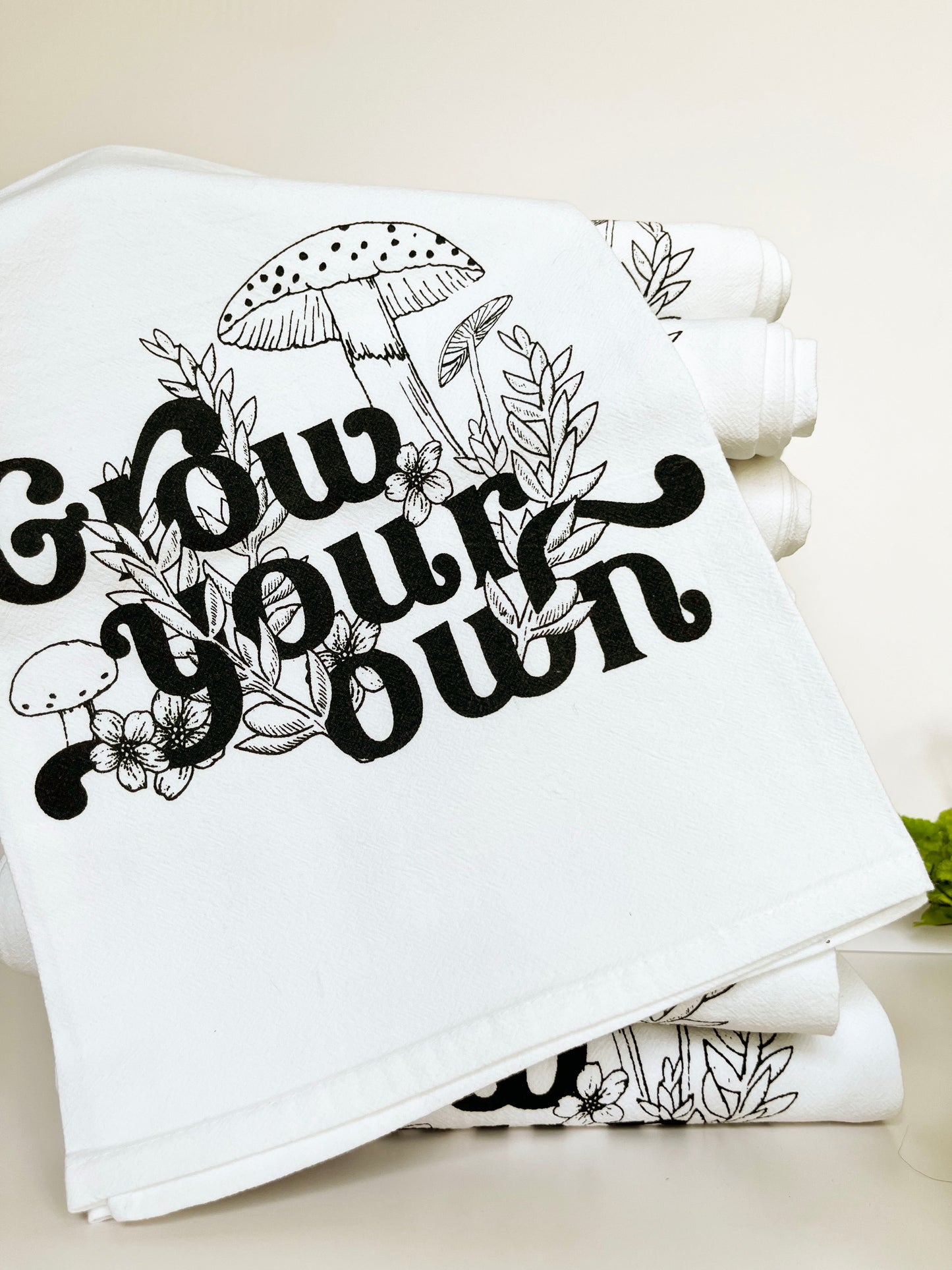 cotton kitchen towel screen print black and white grow your own mushrooms plants garden cute kitchen tea dish towel coin laundry plant lady