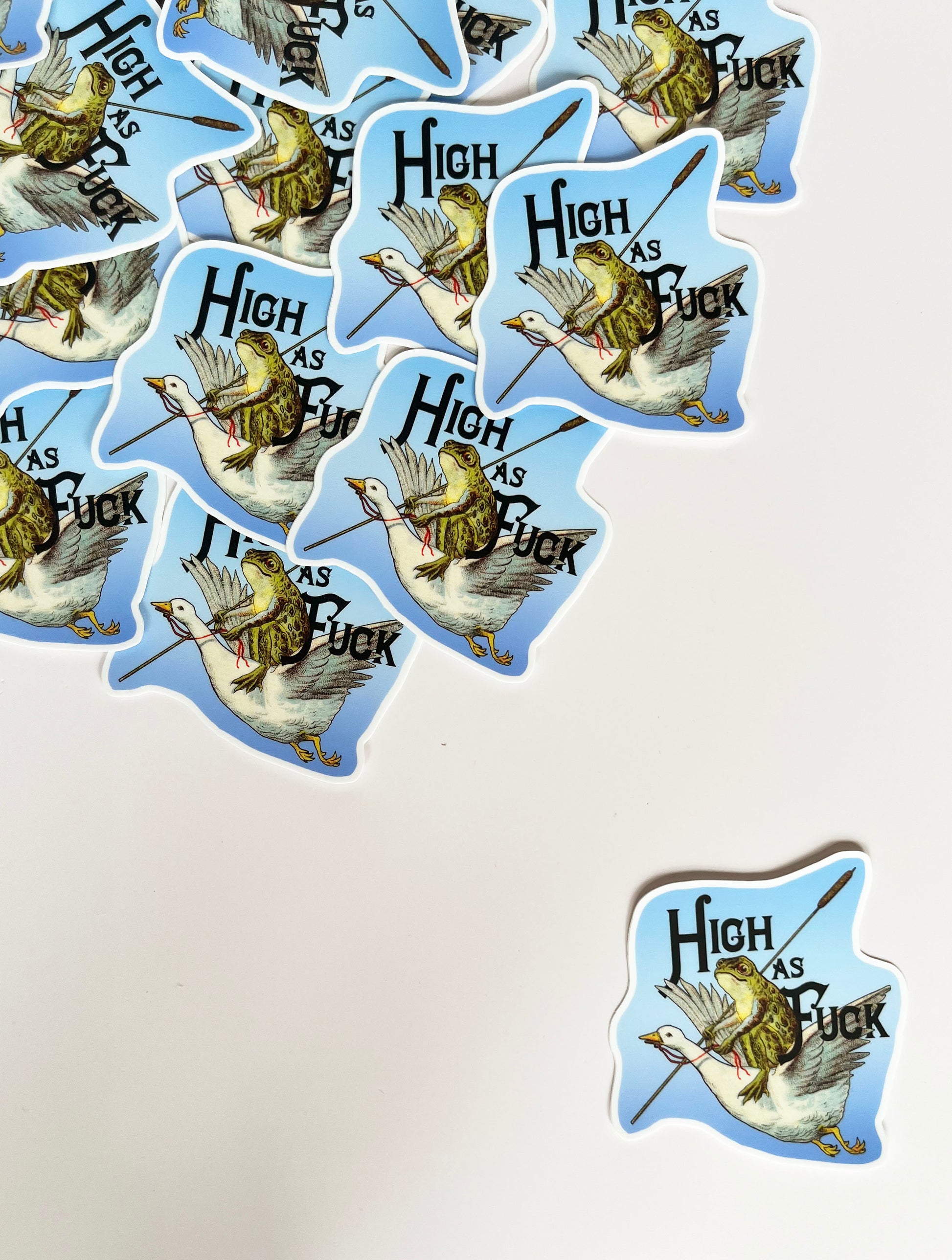 whimsical sticker frog riding flying goose blue sky high as fuck sticker with animals doing funny things cute fun stickers coin laundry montana