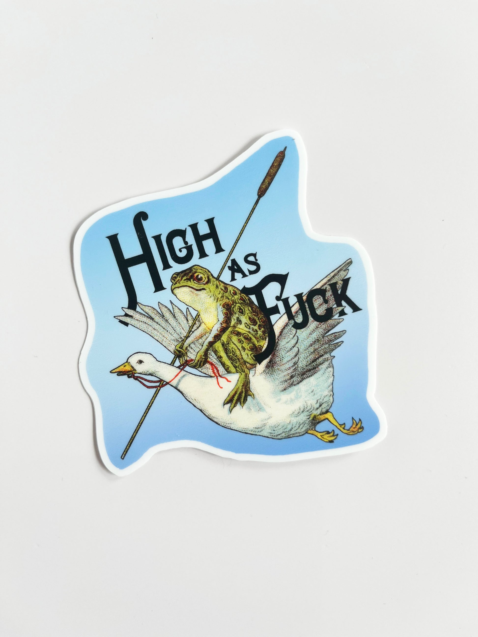 funny weed humor sticker high as fuck toad riding goose frog riding a bird blue funny animals sticker coin laundry montana