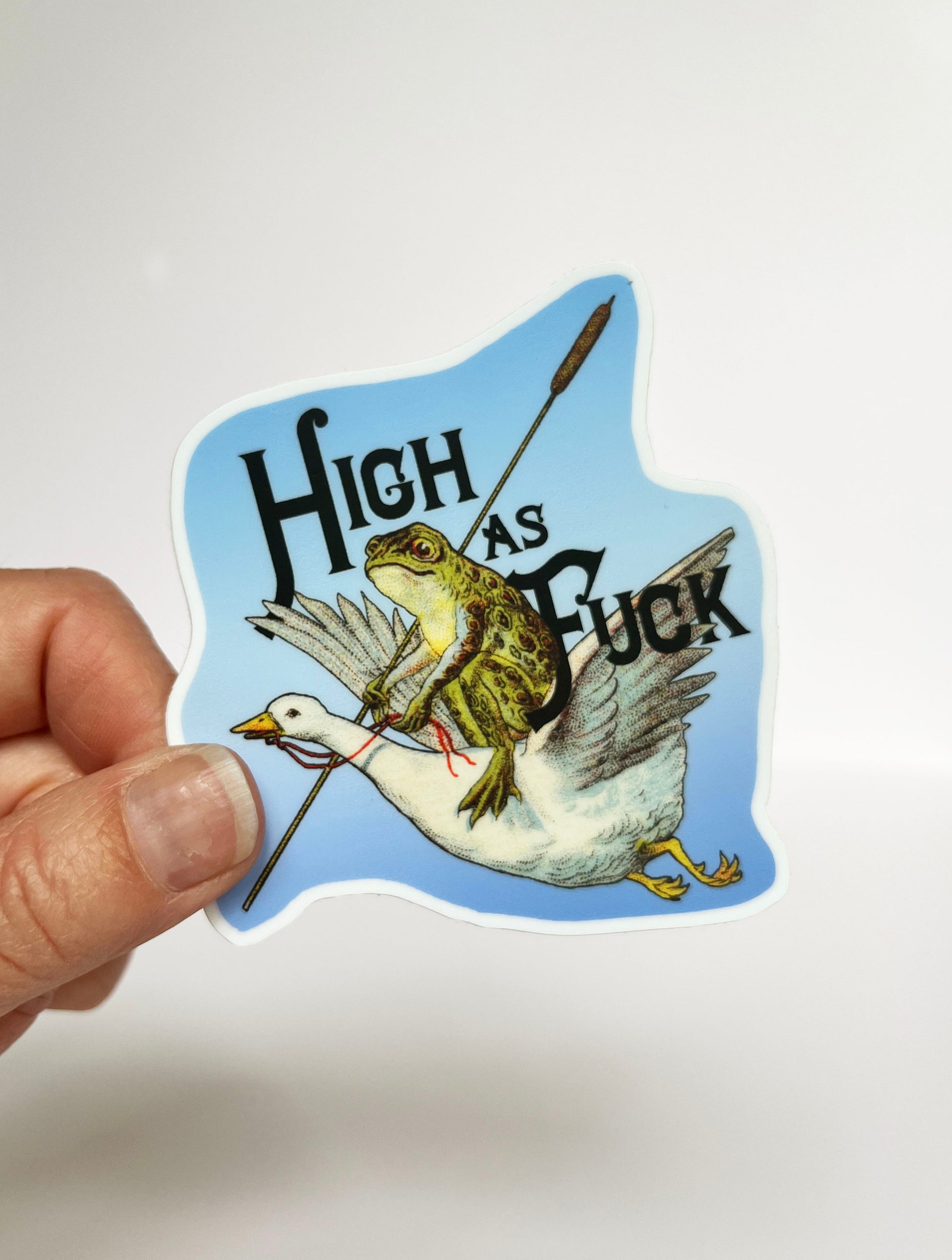high as fuck sticker vintage style frog riding goose frog riding bird toad blue funny 420 sticker coin laundry montana