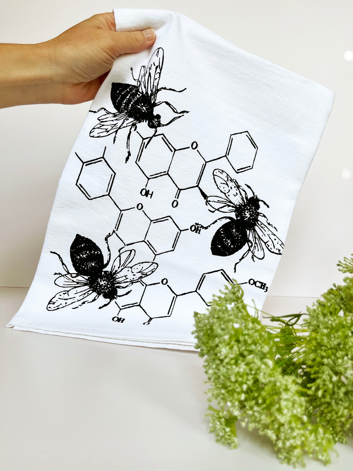 pretty white cotton tea towel bees honey honeycomb chemistry science dish towel coin laundry screen print printed hexagon structural formula montana