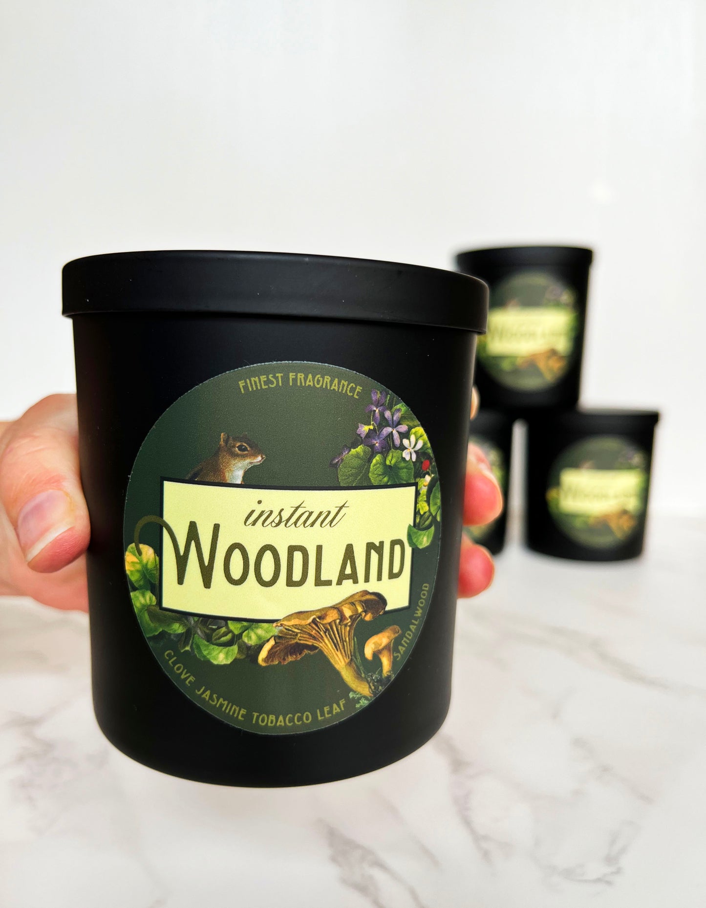 instant woodland scented candle clove jasmine tobacco leaf soy essential oil fragrance natural nature outdoor lover flowers mushrooms forrest