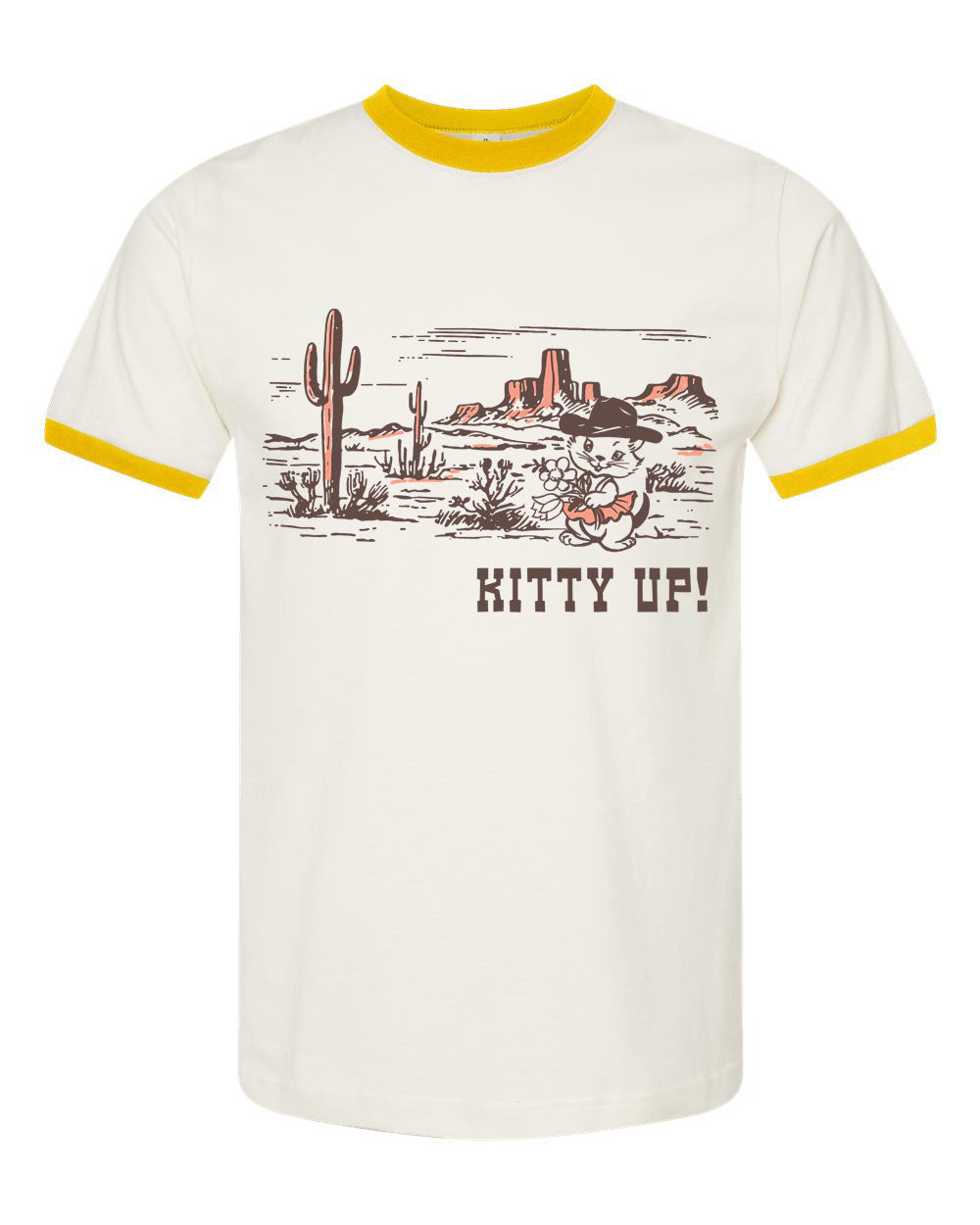 Kitty Up Unisex Ringer Tee - Cream with Yellow