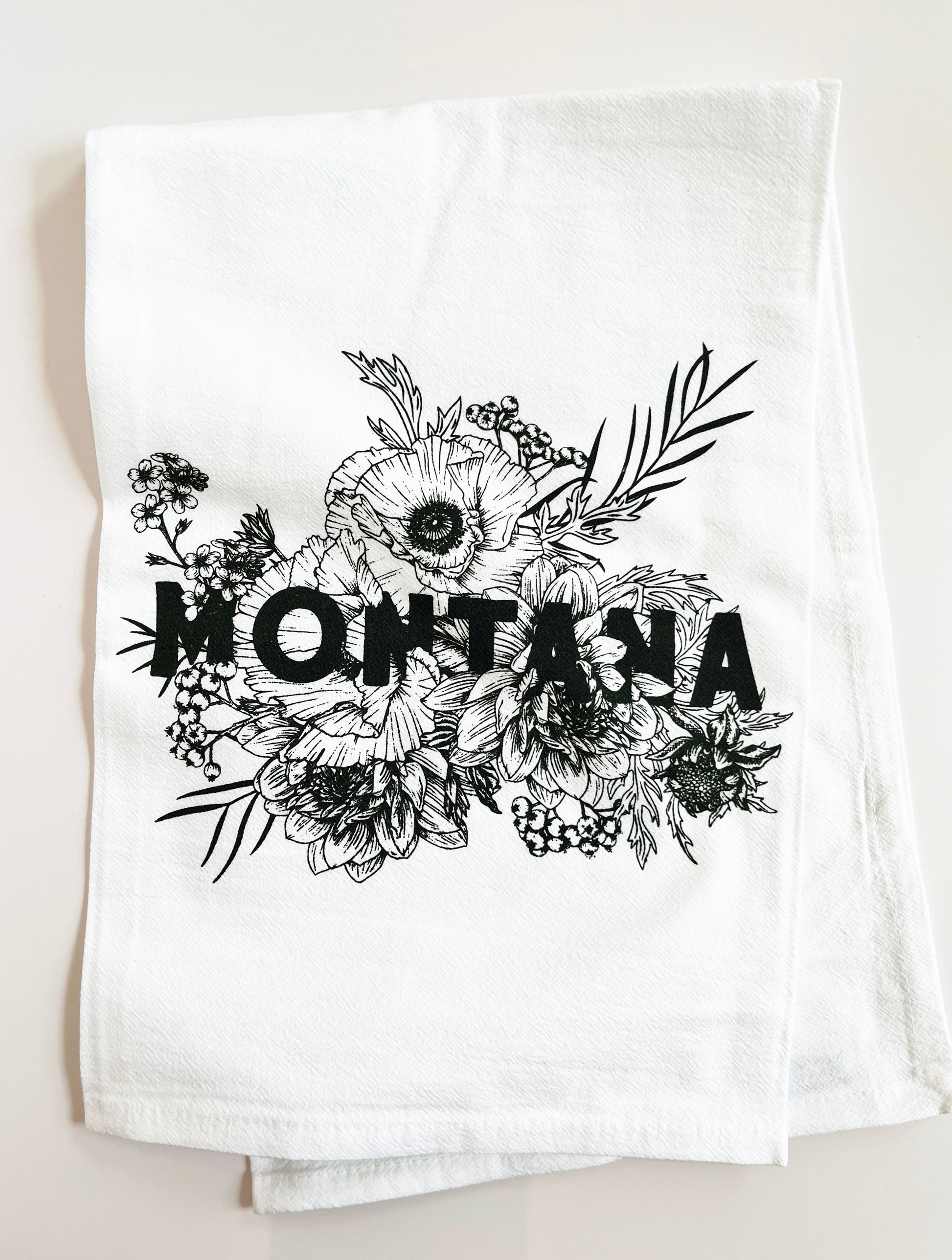 pretty montana flowers screen printed on cotton kitchen towel vintage style home decor black and white montana dish towel coin laundry pretty home decor towels