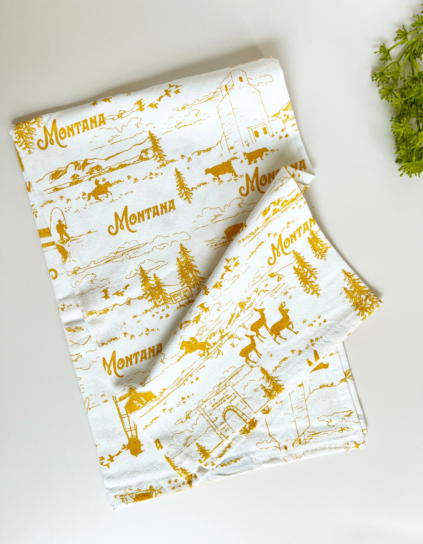 cute screen printed cotton tea towel ochre yellow scenes from montana trees mountains bridger bowl yellowstone national park deer buffalo bison elk skiing snowboarding fun decorative kitchen towels coin laundry montana wedding favor gifts montana