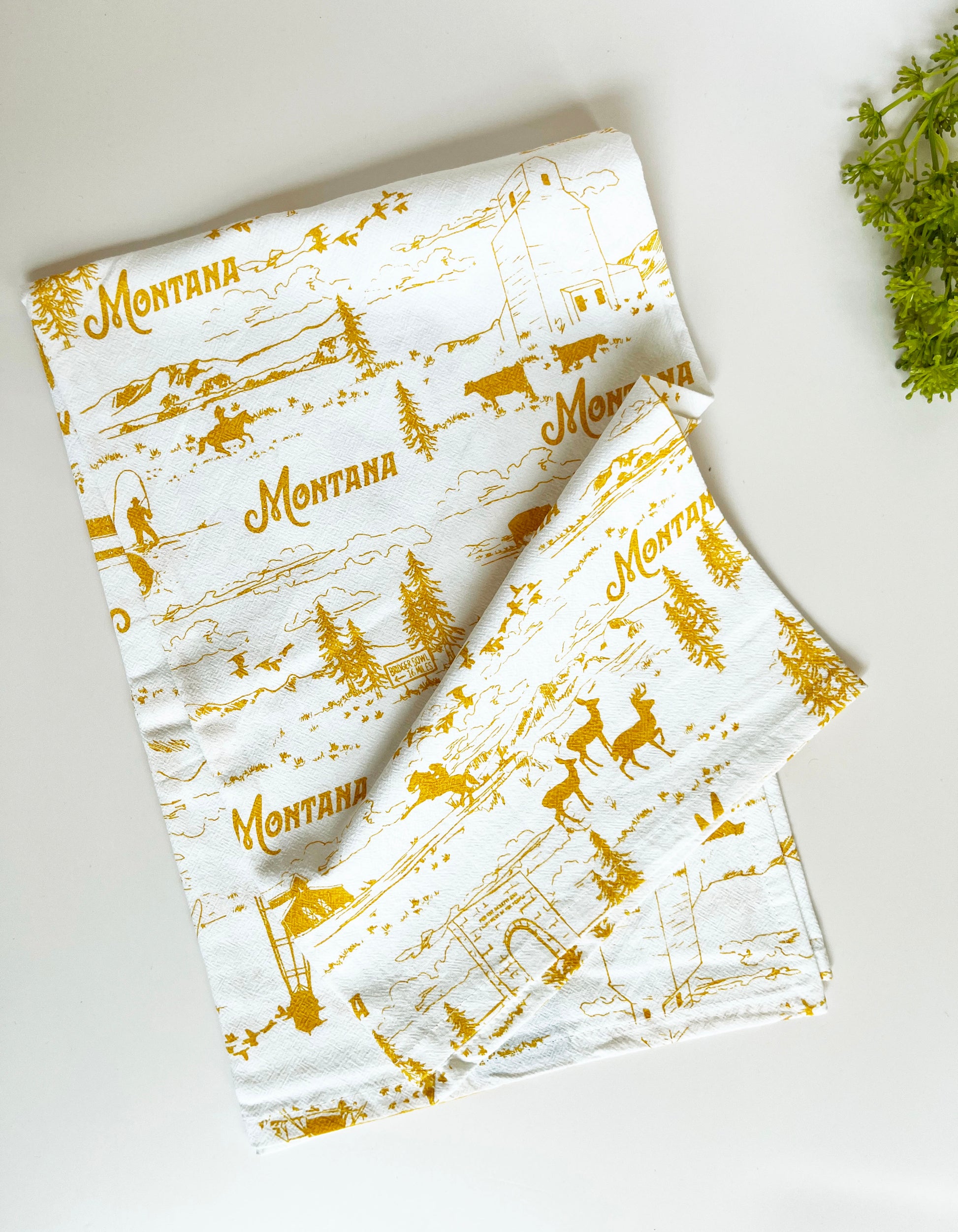 cute screen printed cotton tea towel ochre yellow scenes from montana trees mountains bridger bowl yellowstone national park deer buffalo bison elk skiing snowboarding fun decorative kitchen towels coin laundry montana wedding favor gifts montana
