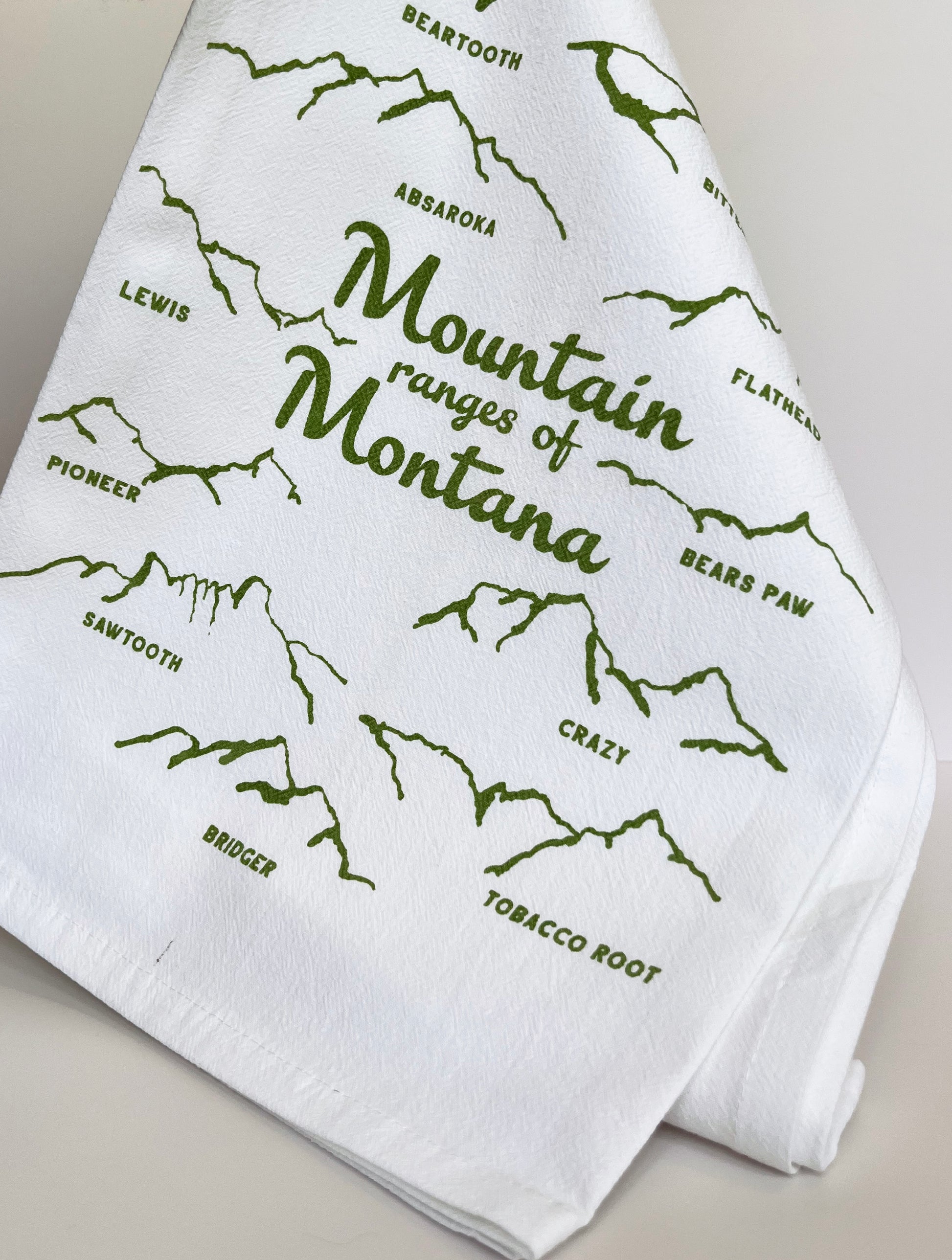 mountain ranges of montana cotton dish towel hand screen printed green print montana yellowstone glacier national park souvenir gift fun cotton kitchen towels coin laundry montana
