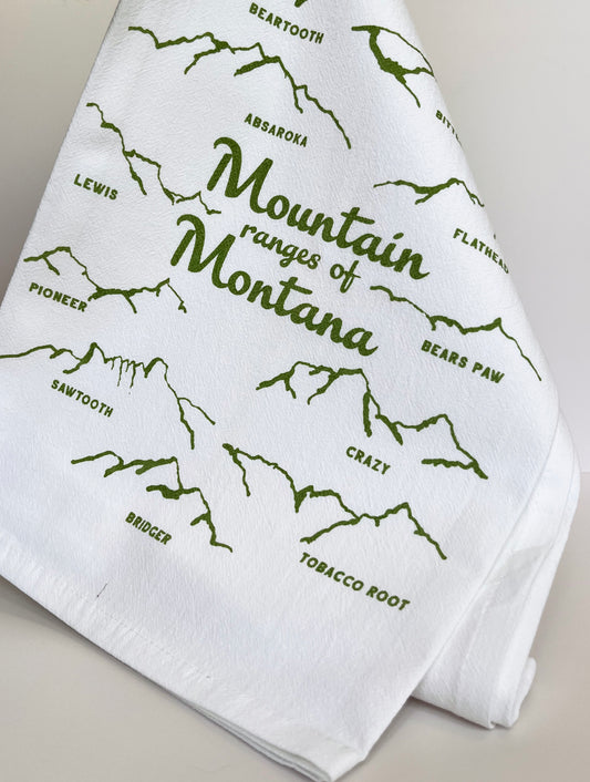 mountain ranges of montana cotton dish towel hand screen printed green print montana yellowstone glacier national park souvenir gift fun cotton kitchen towels coin laundry montana 