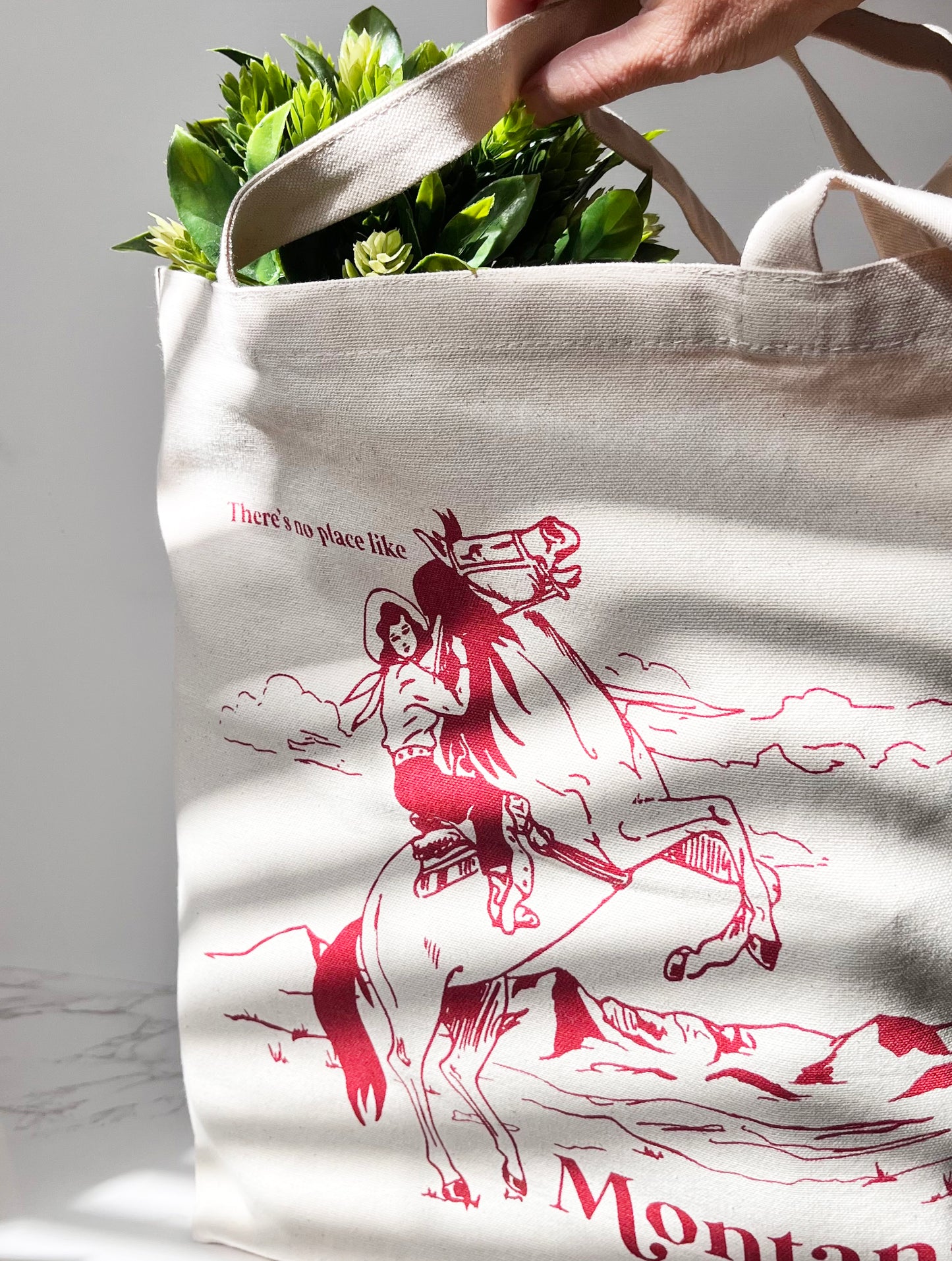 cowgirl riding horse tote bag theres no place like montana cotton canvas shopping bag reusable earth friendly bag screen printed tote missoula bozeman yellowstone
