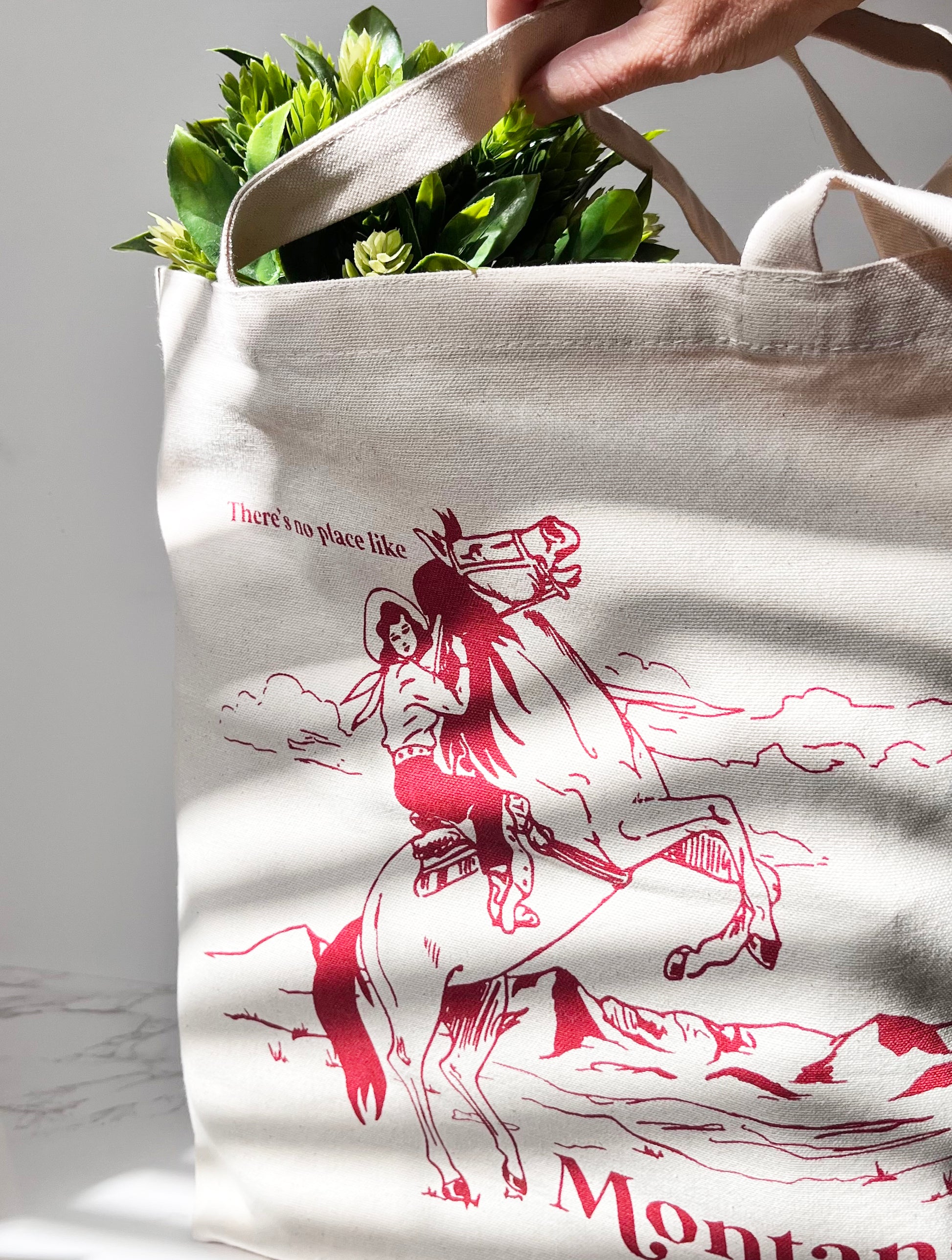cowgirl riding horse tote bag theres no place like montana cotton canvas shopping bag reusable earth friendly bag screen printed tote missoula bozeman yellowstone