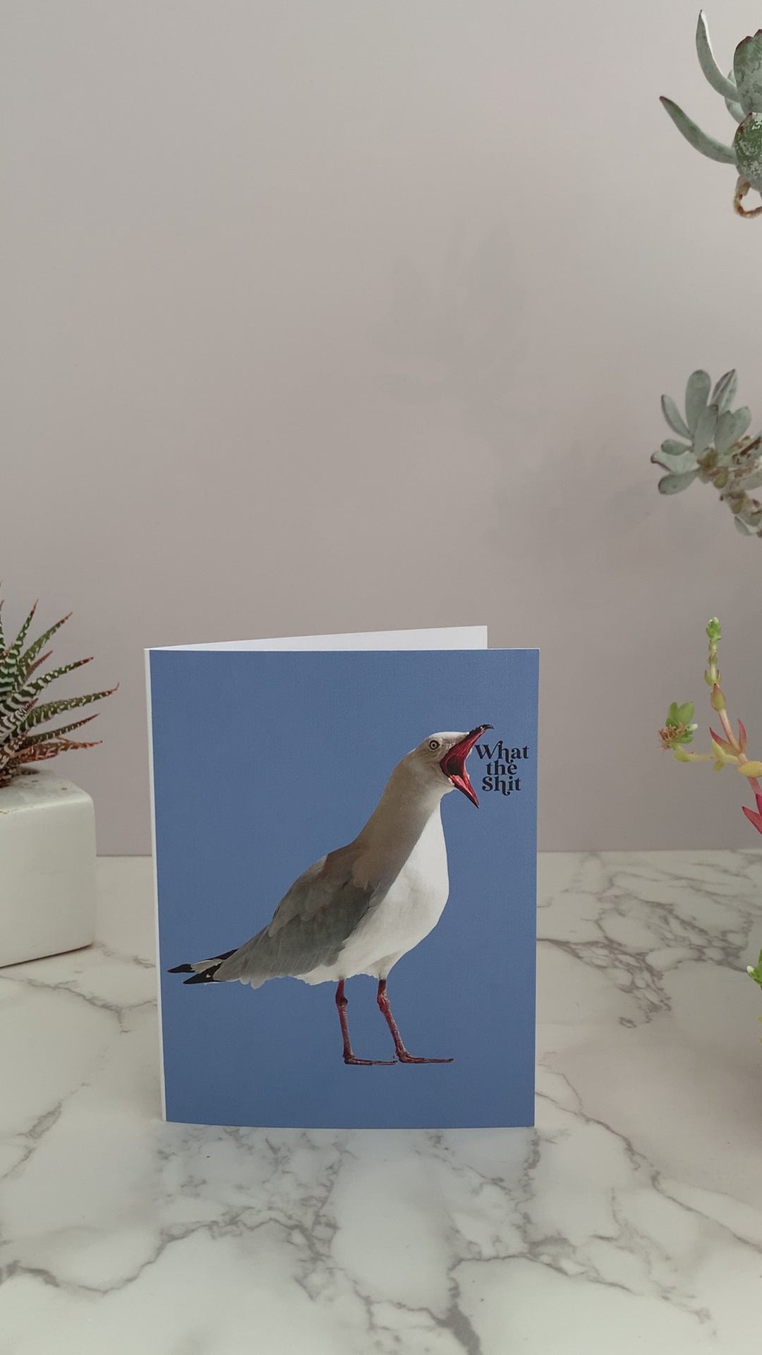 All purpose greeting card. Bright blue background featuring a seagull with it's mouth open saying, "What the shit." Perfect to send to a friend who's going through some shit. Or many other reasons. Blank inside.
