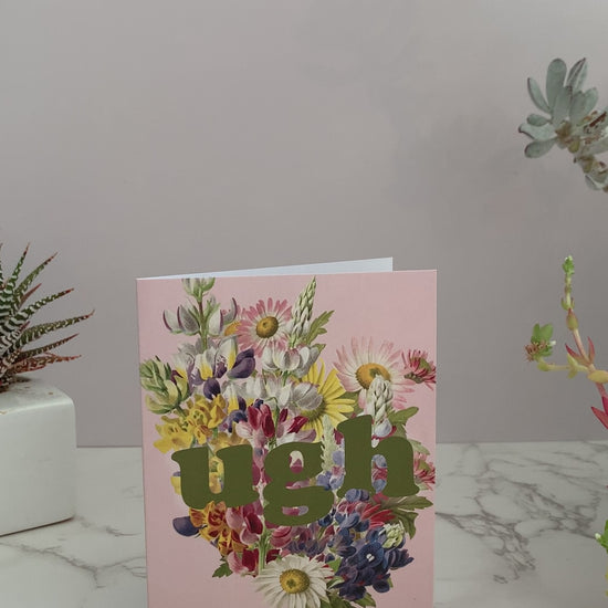 Pretty greeting card with vintage flowers and a pink background, the greeting says, Ugh on the front in green letters. Blank inside. for sympathy loss grief anxiety overwhelm missing you im sorry apology fired breakup divorce hardship life problems coin laundry montana