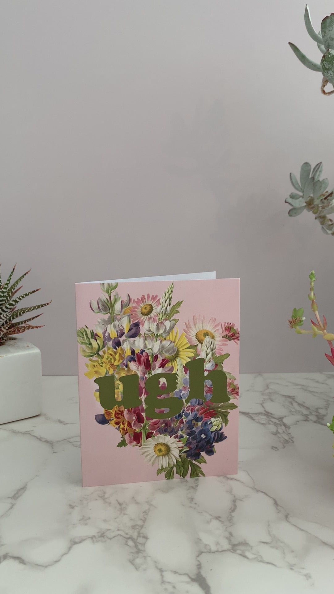 Pretty greeting card with vintage flowers and a pink background, the greeting says, Ugh on the front in green letters. Blank inside. for sympathy loss grief anxiety overwhelm missing you im sorry apology fired breakup divorce hardship life problems coin laundry montana