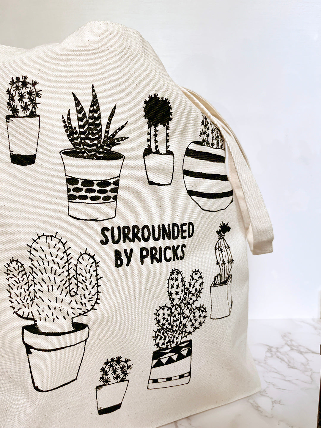 funny cotton canvas durable tote bag surrounded by pricks gardening gift cactus desert house plant garden succulent coin laundry montana screen print