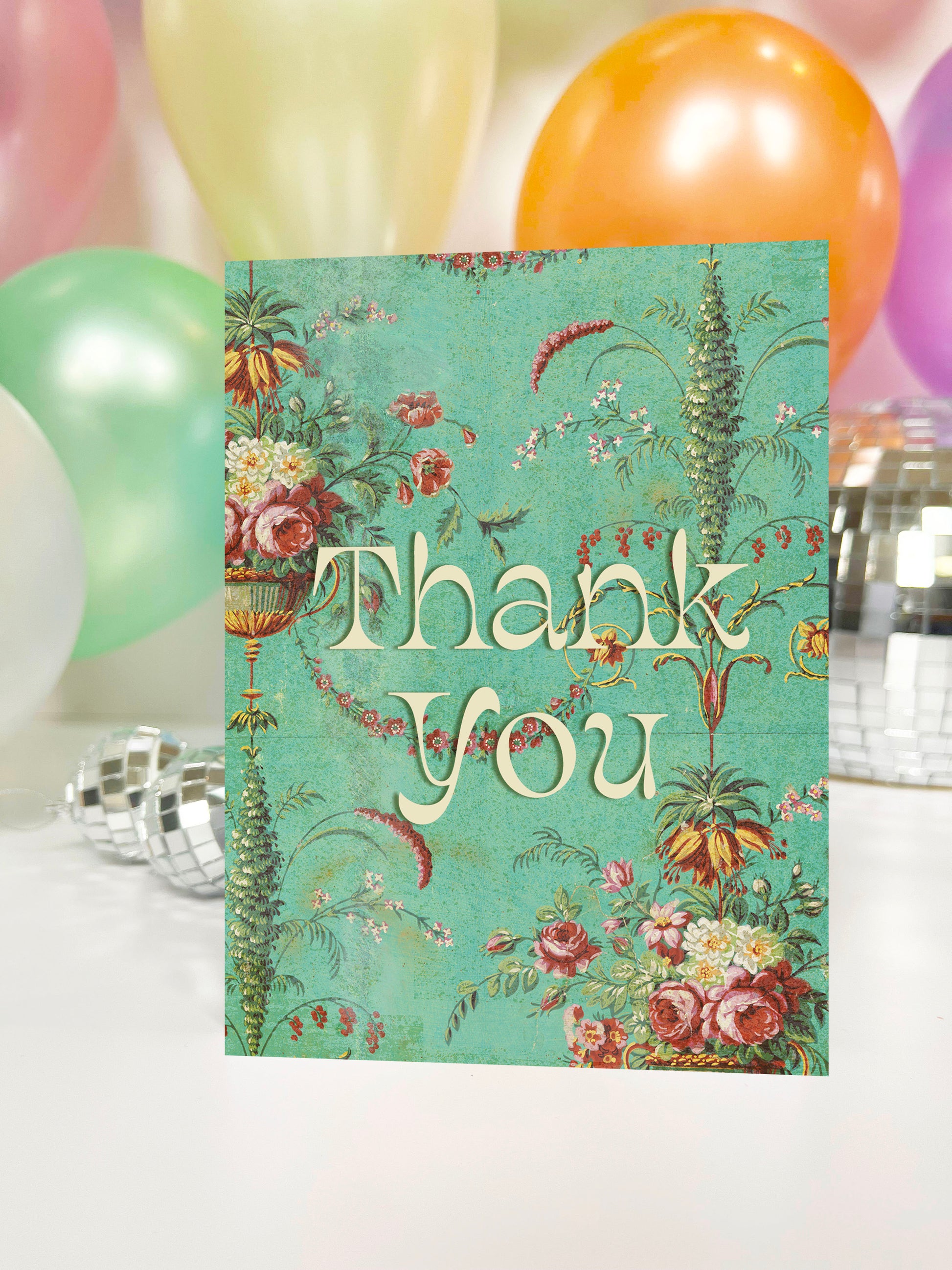 mint green pink floral print vintage look thank you card retro maximalist style victorian aesthetic cute thank you card flowers garden mothers day