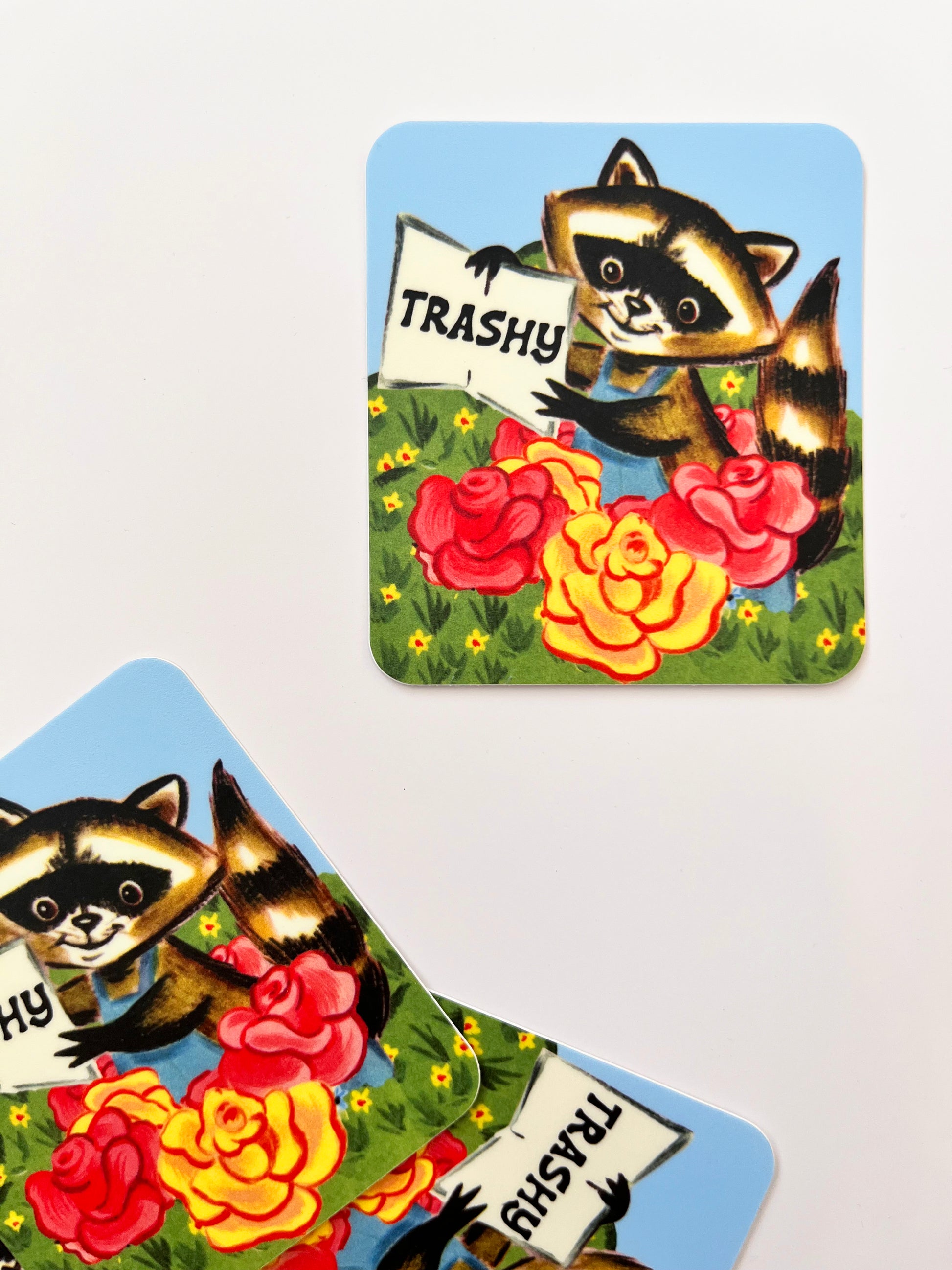 funny raccoon sticker trashy outdoor scene pink yellow flowers blue sky sarcastic stickers coin laundry montana