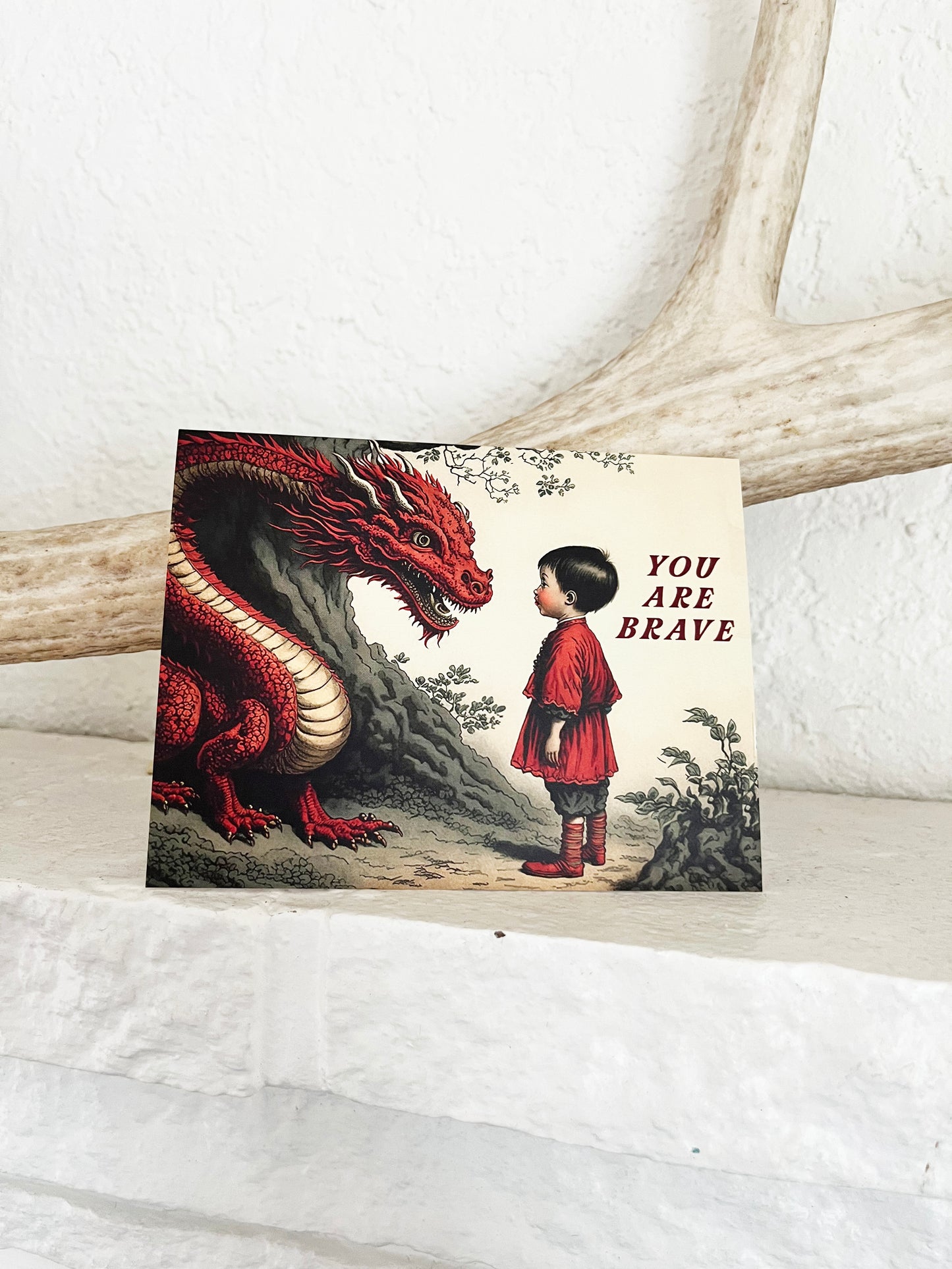 child boy girl facing dragon red with forest asian cute card sympathy get well loss you are brave card coin laundry