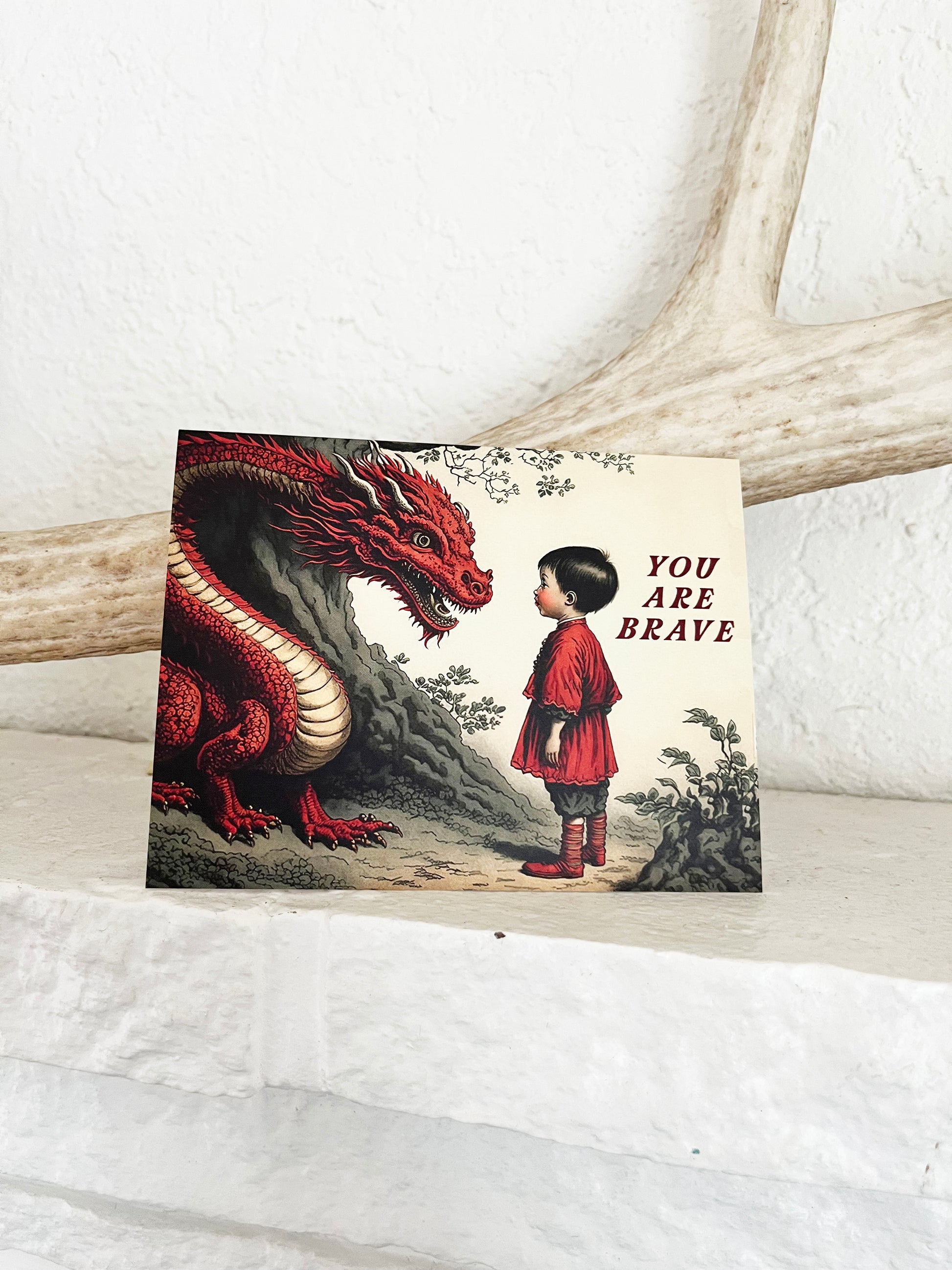 child boy girl facing dragon red with forest asian cute card sympathy get well loss you are brave card coin laundry