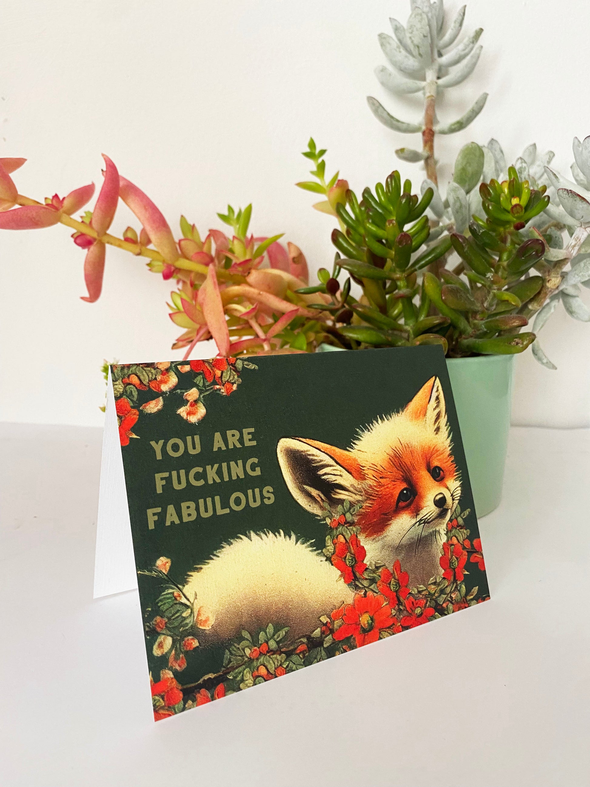 dark green red flowers cute adorable vintage fox all purpose note card fun funny snarky you are fucking fabulous woodland animal blank inside send to anyone friend girlfriend boyfriend husband wife co-worker coin laundry