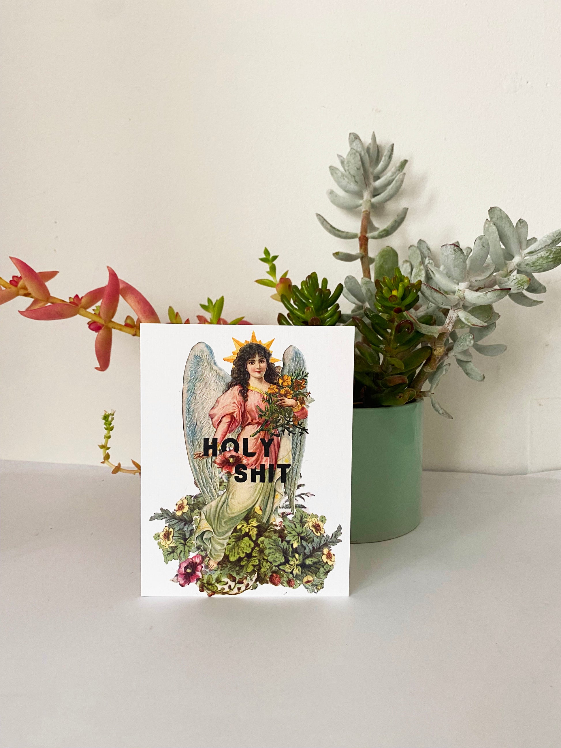 funny angel card religious christian holy shit funny card retro vintage style flowers floral garden