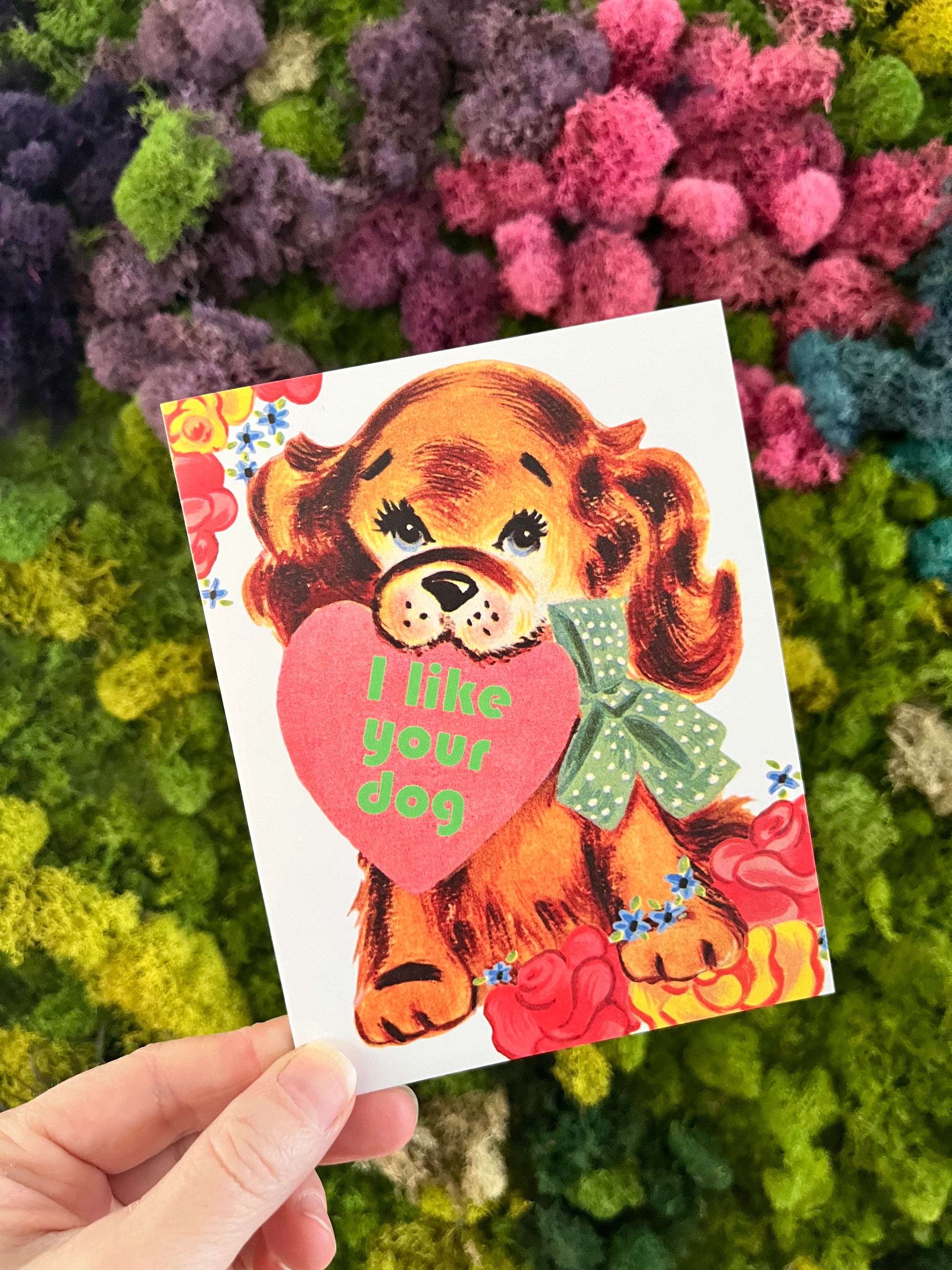 cute retro kitsch puppy i like your dog card with heart flowers floral sweet card