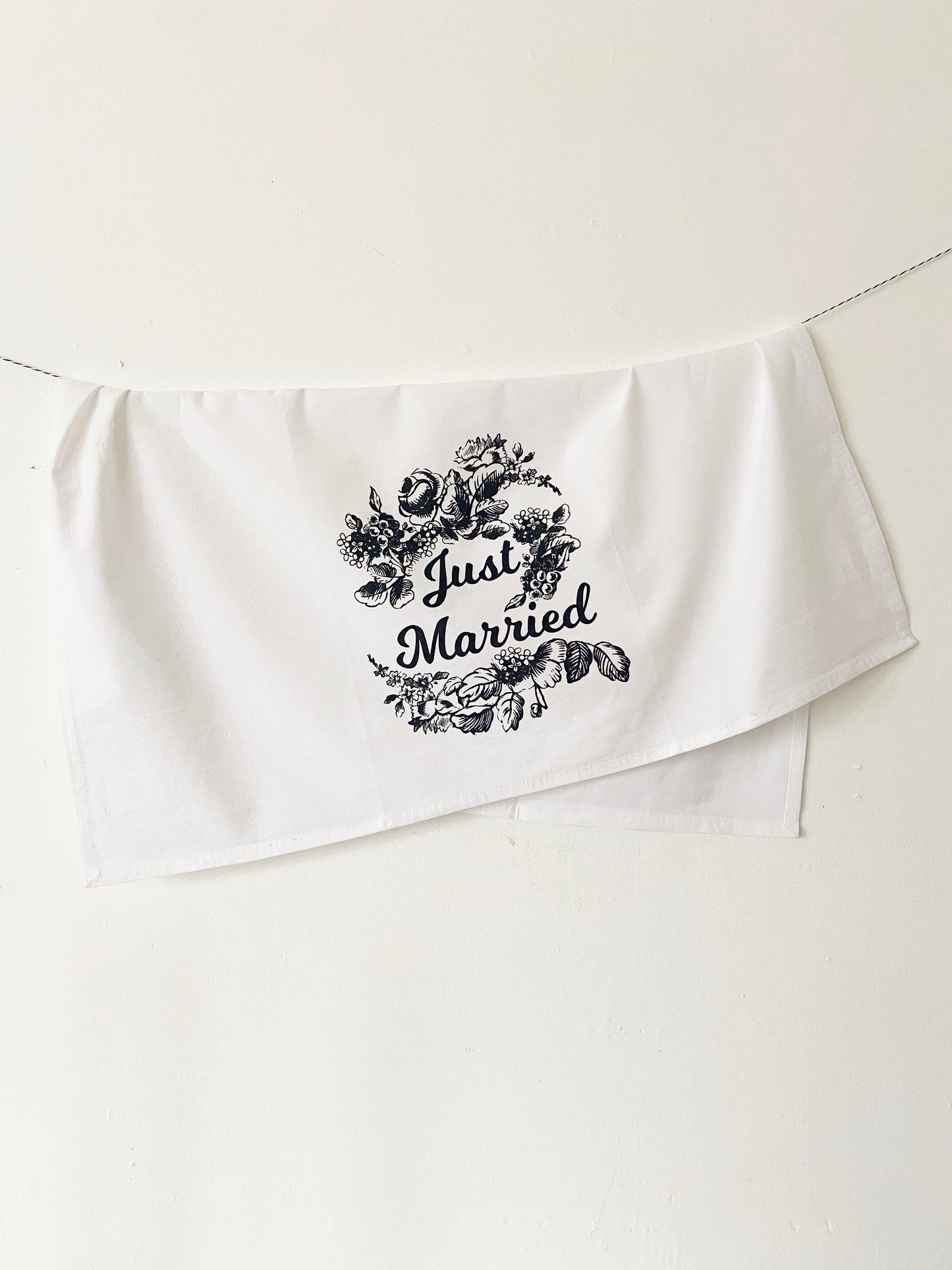 screen print cotton dish towel just married wedding engagement gift black and white screen print flowers just married fun tea towels coin laundry montana 