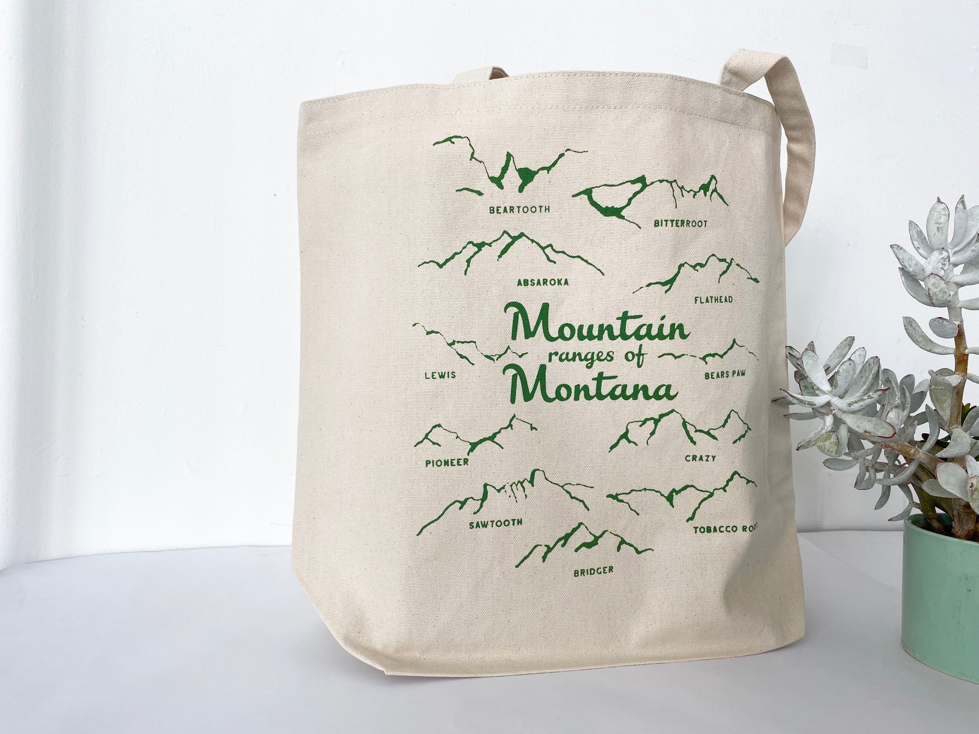 Mountains of Montana cotton canvas tote bag reusable shopper shopping bag hand illustration drawn mountain range souvenir western coin laundry travel bag