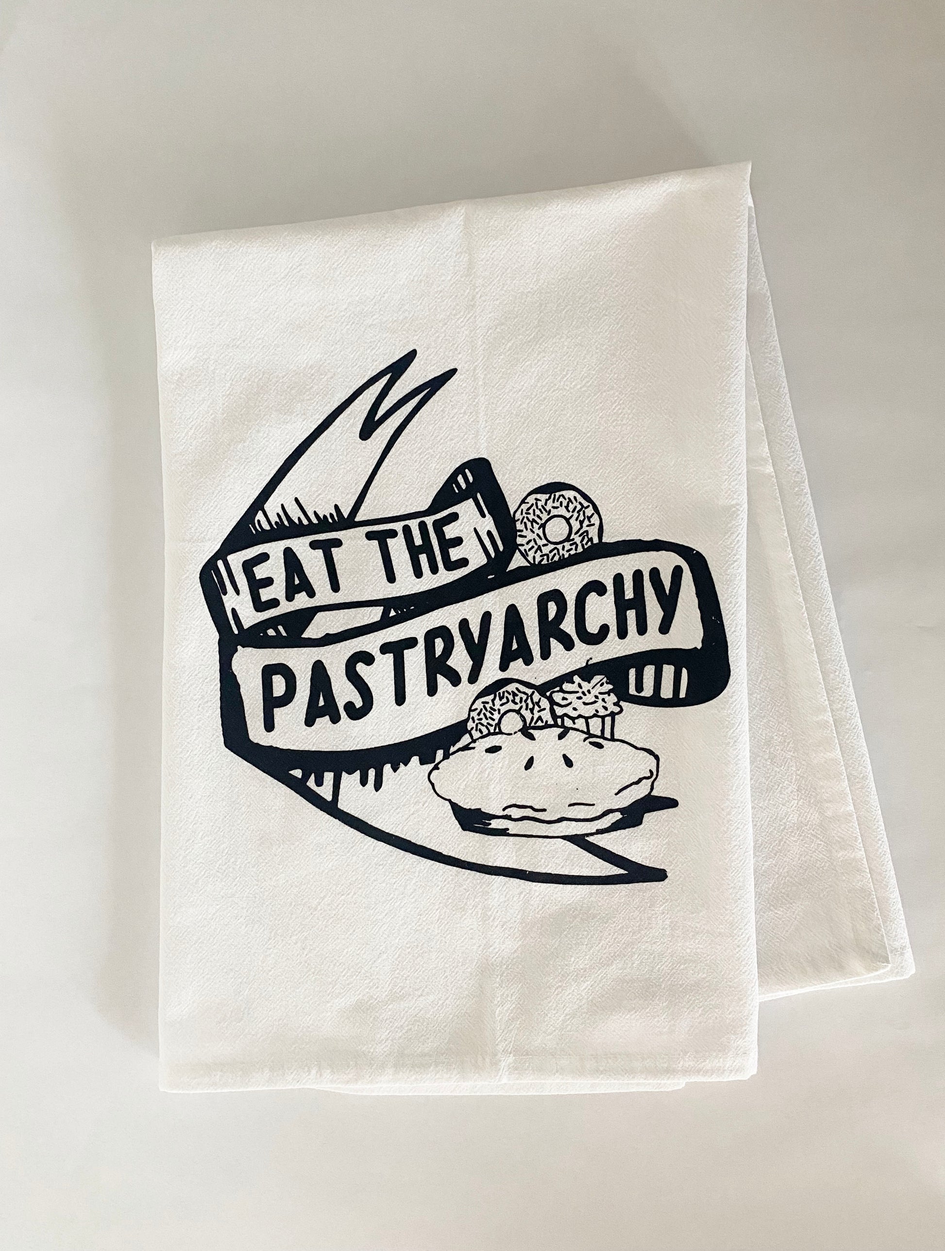 cotton kitchen dish towel funny modern home decor feminist eat the pastryarchy baked goods cookies cake pie