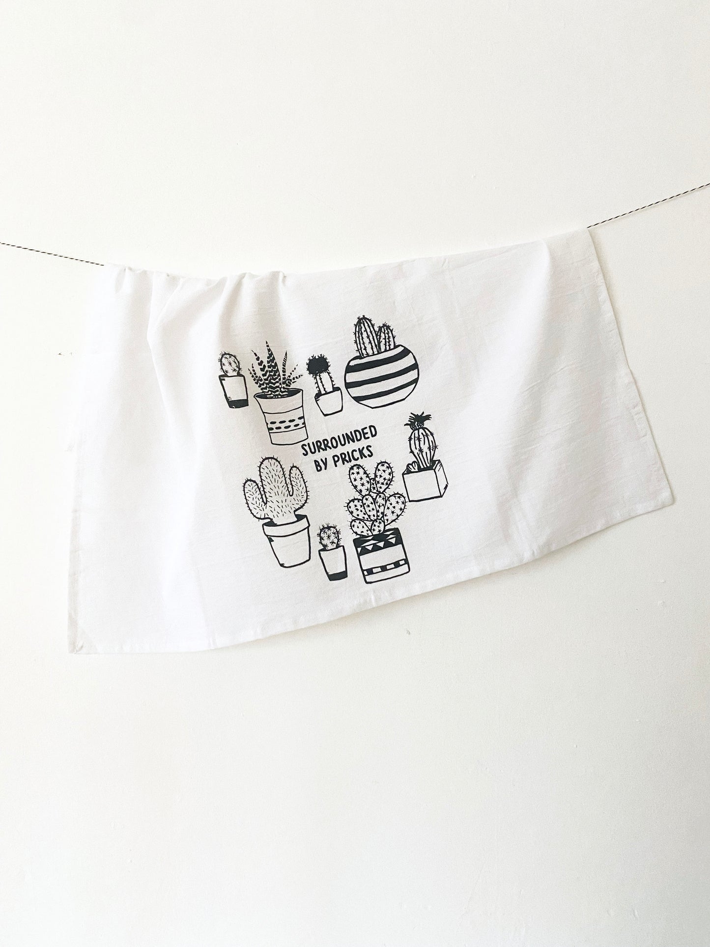 modern kitchen tea towel cacti desert garden print cute succulents surrounded by pricks funny boho coin laundry cactus screen print