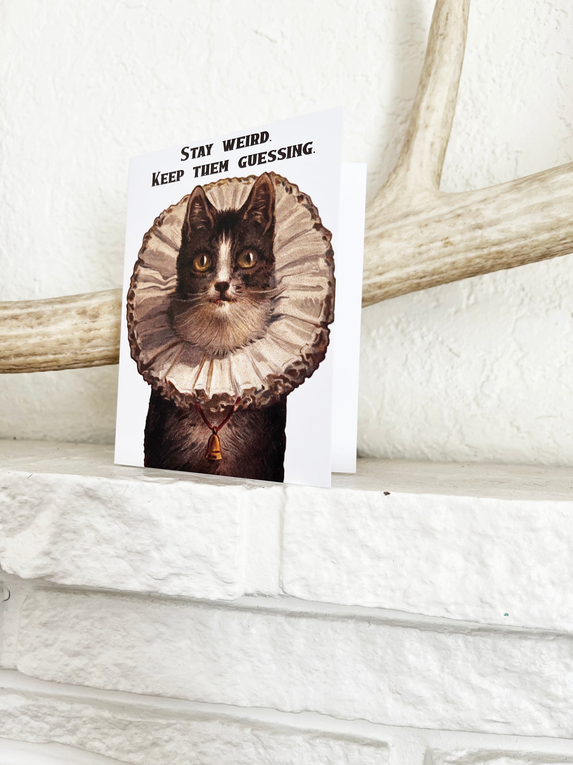 victorian brown cat stay weird keep them guessing funny silly greeting card pretty style unique