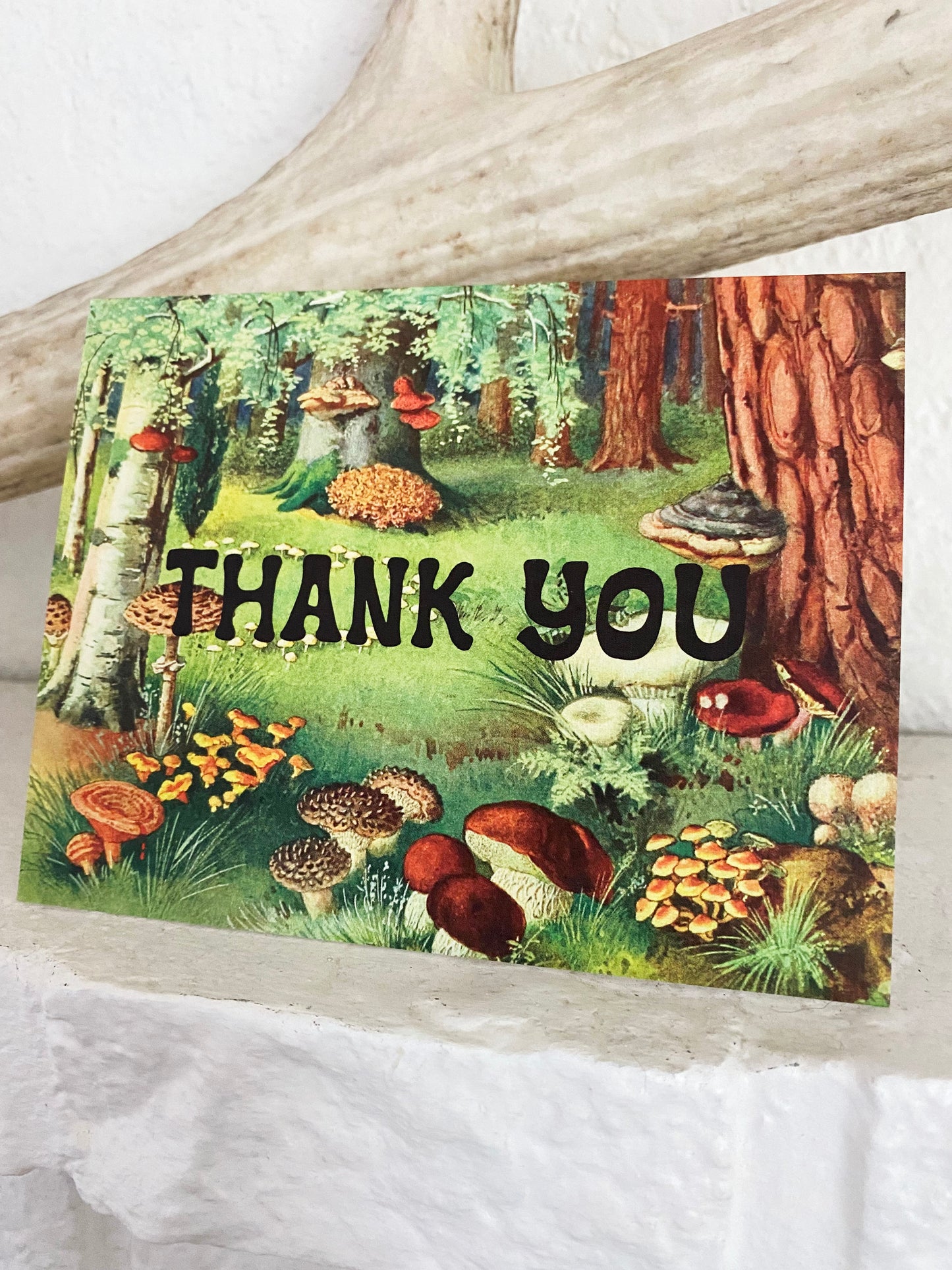 cute thank you note card to write a letter thanking people gift outdoor lover lush forrest nature green mushrooms go outside national park hiking camping
