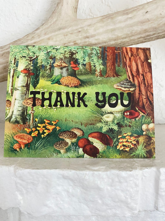 cute thank you note card to write a letter thanking people gift outdoor lover lush forest nature mushroom retro look cards 70s style hippie decor