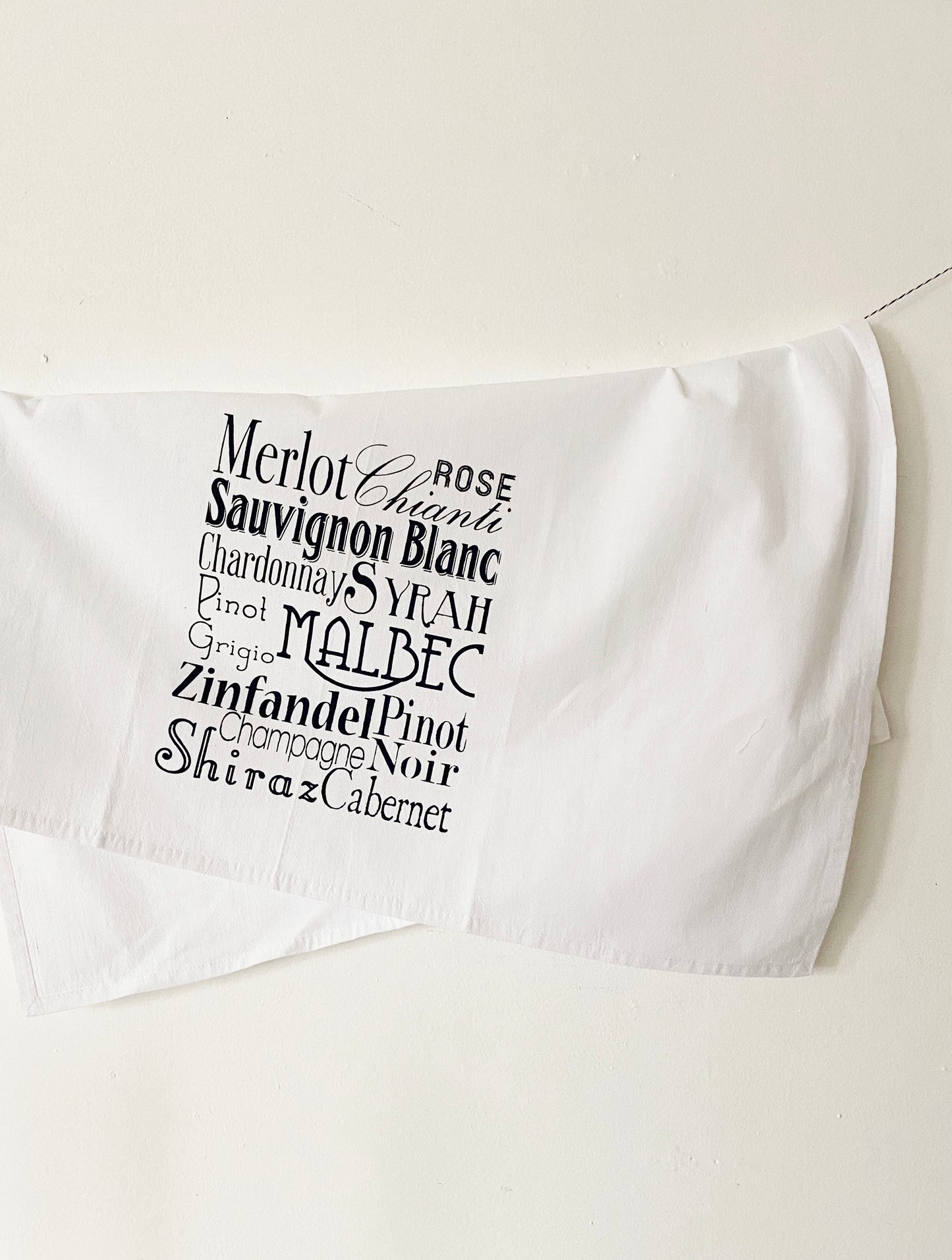 kitchen towel with wine names in type screen print