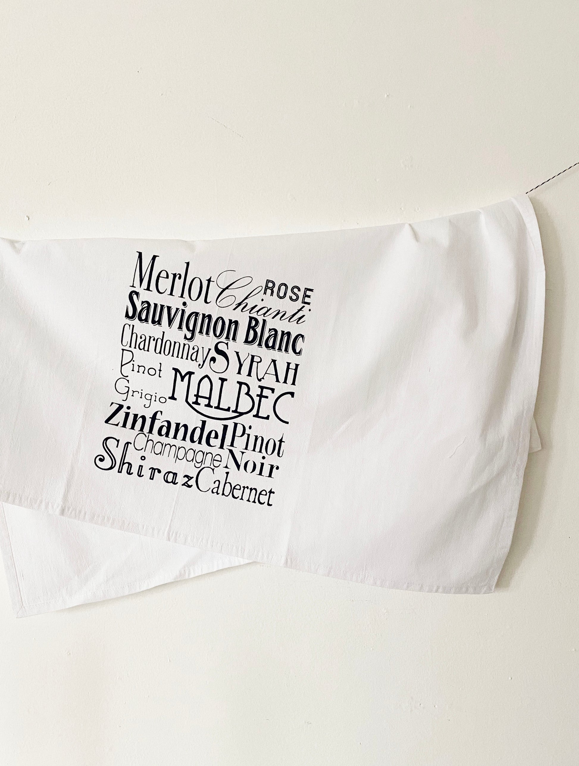 kitchen towel with wine names in type screen print 